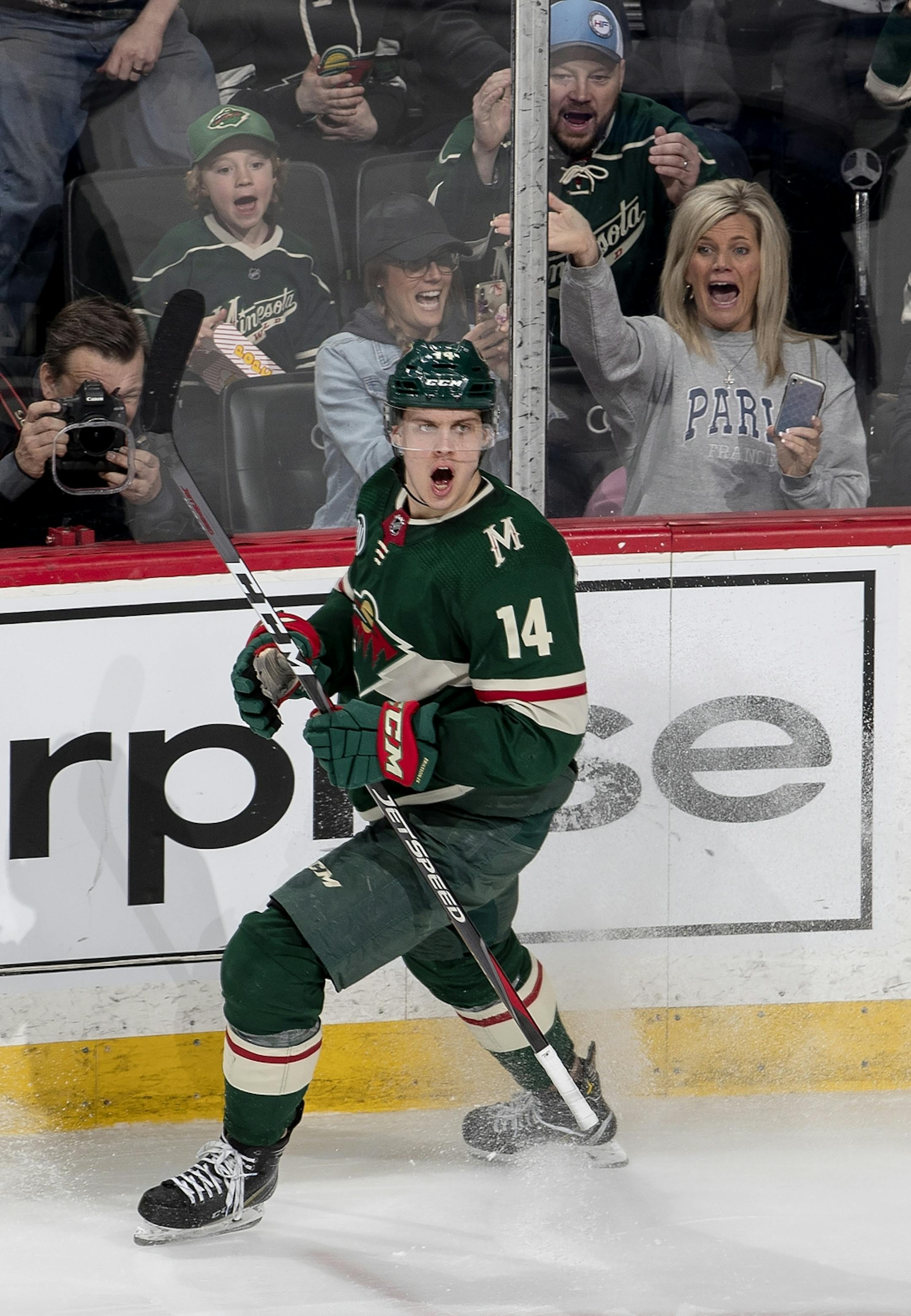 Joel Eriksson Ek celebrated after scoring a goal in the second period.