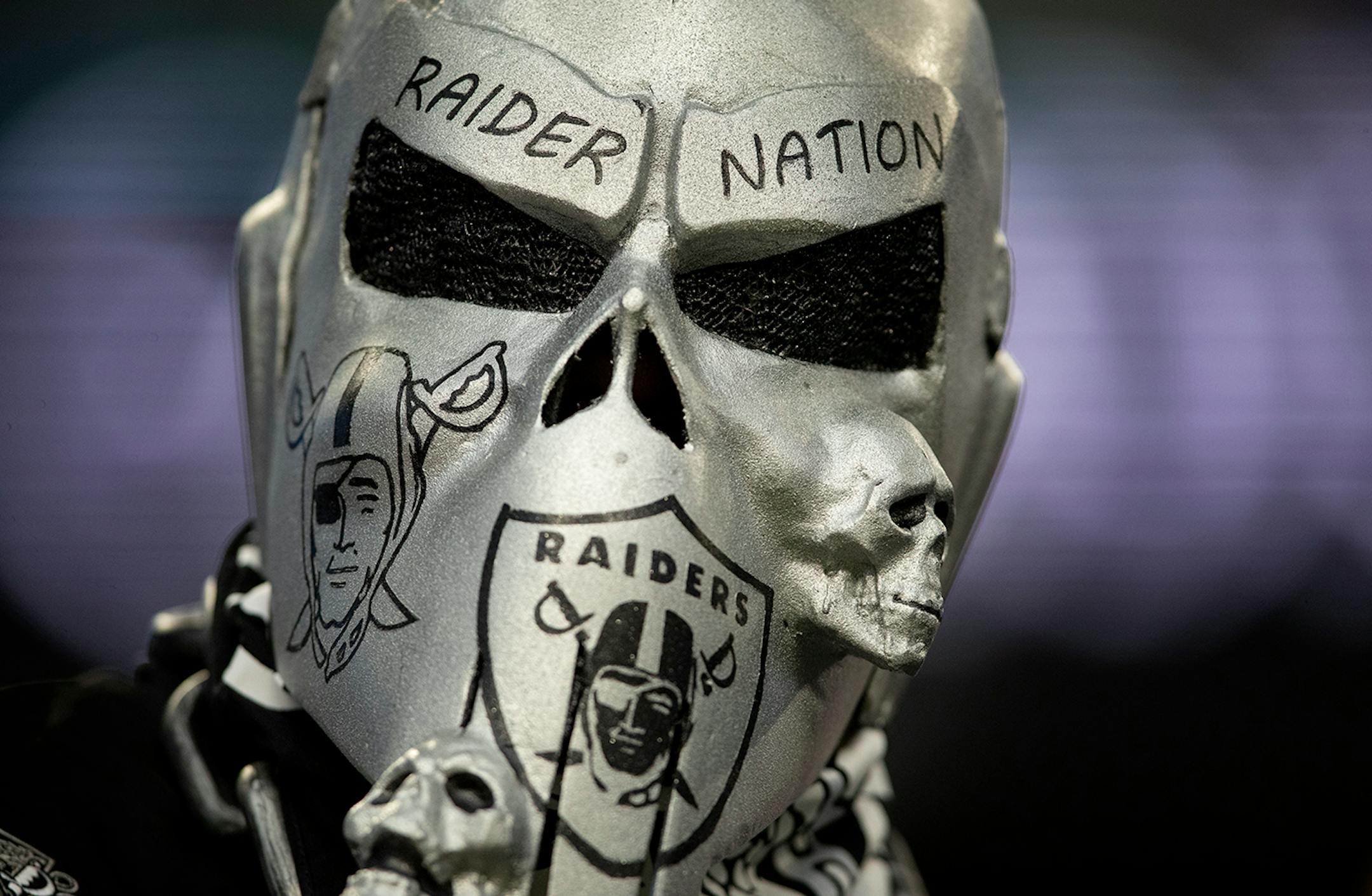 Oakland Raiders fan in the stands at U.S. Bank Stadium.