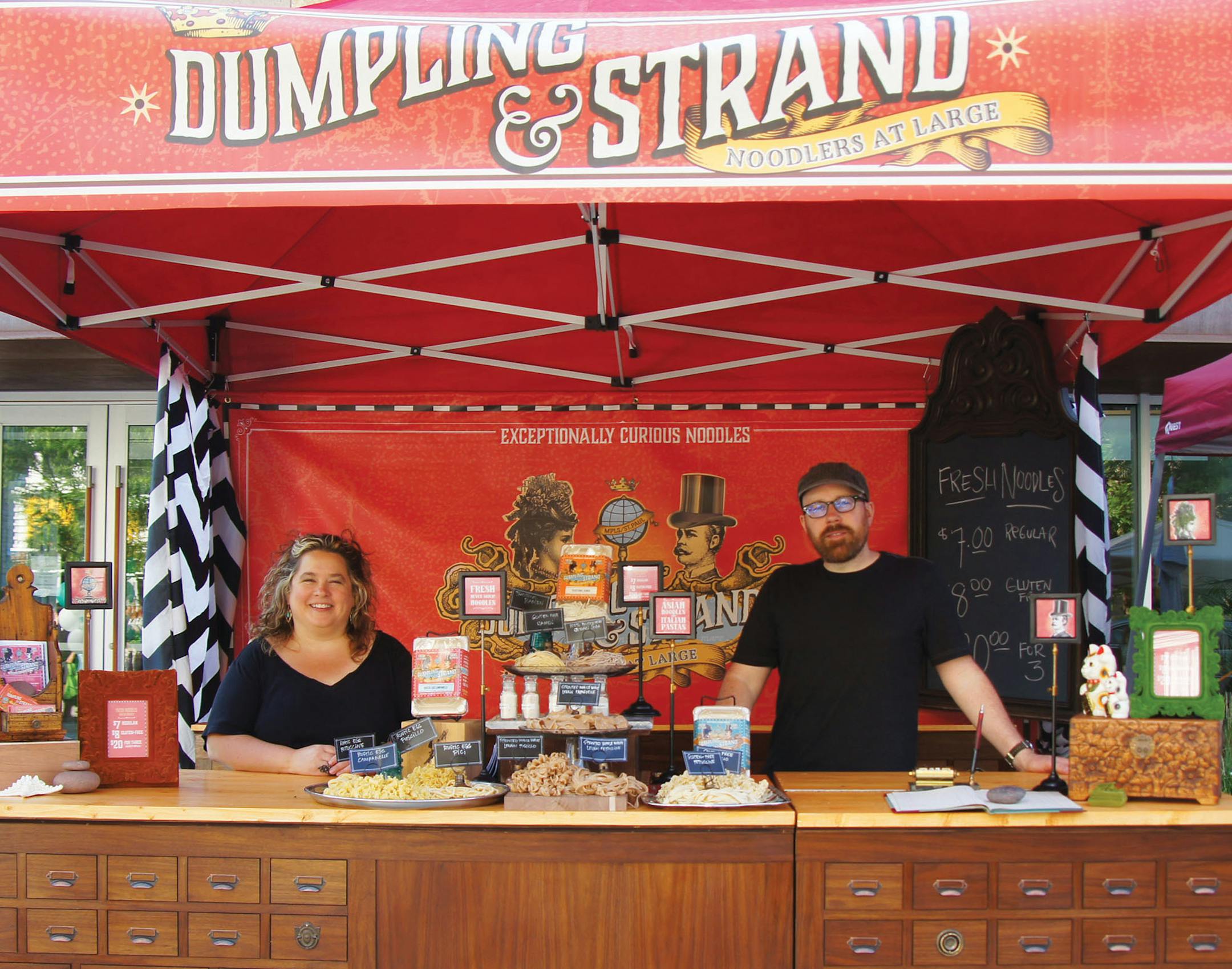 Credit: Mill City Times
Marketing specialist Kelly McManus and food scientist Jeff Casper are co-proprieters of Dumpling & Strand. They sell most of their 20 varieties of noodles at the Mill City Winter Farmers Market.