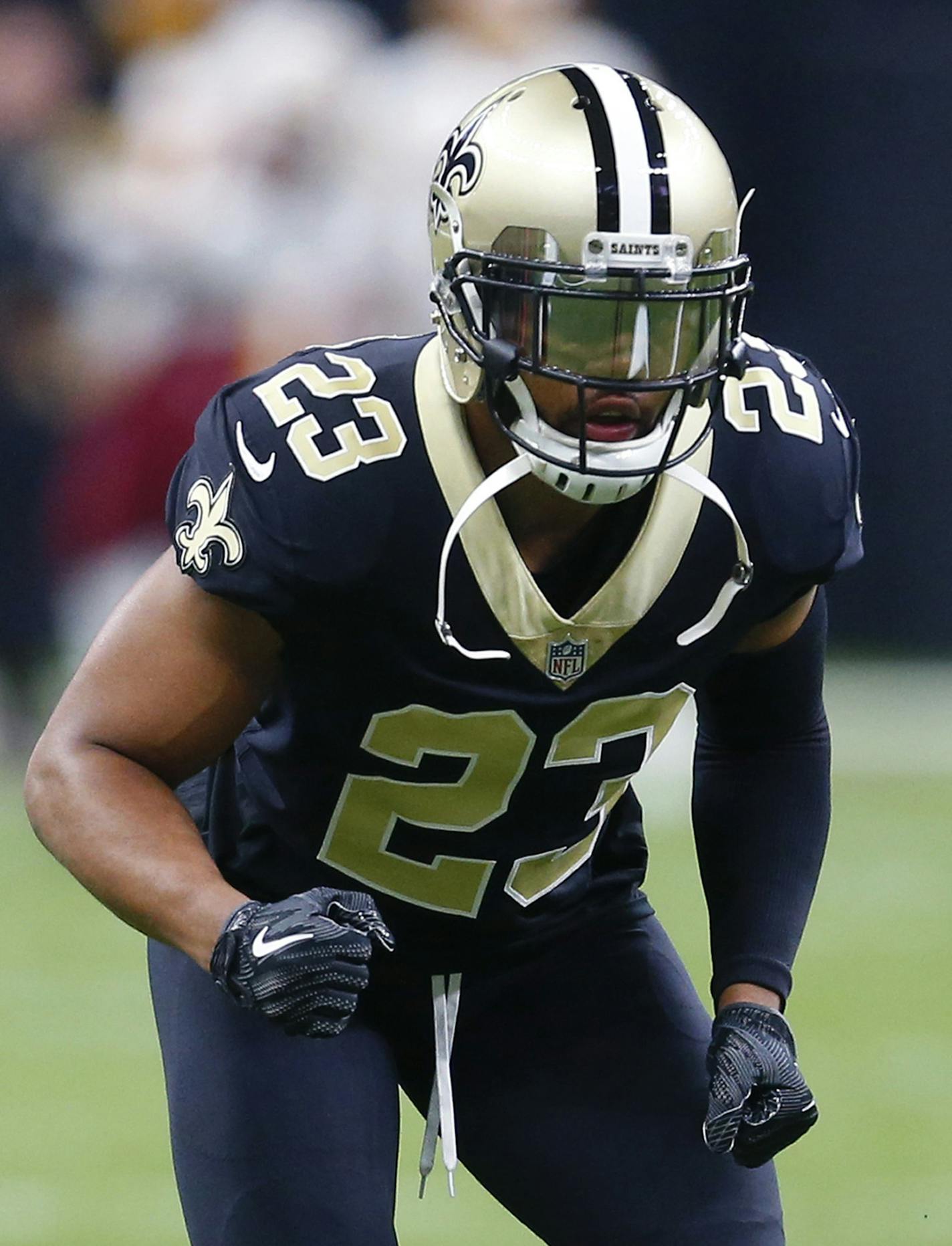 New Orleans Saints cornerback Marshon Lattimore (23) warms up before an NFL football game against the Washington Redskins in New Orleans, Sunday, Nov. 19, 2017. (AP Photo/Butch Dill) ORG XMIT: NYOTK