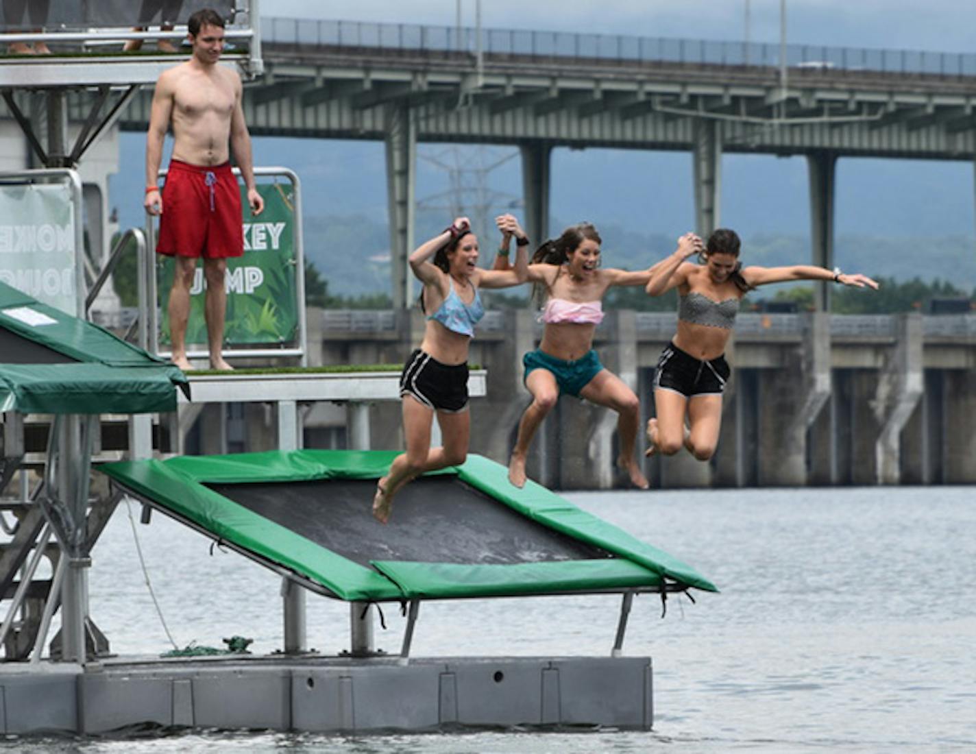 Located on the same staircase as Monkey Jump, the Monkey Bounce lets you jump on the smaller trampoline that ejects you out above the water at heights of more than eight feet.