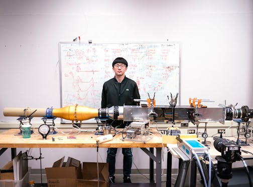 Qingfeng Cao, a U postdoctoral associate from China, worked on measuring the airflow patterns of pleated filters in the Particle Technology Lab. BACKGROUND INFORMATION: Researchers work inside the Particle Technology Lab at the University of Minnesota's School of Mechanical Engineering in Minneapolis on Tuesday, January 14, 2020.