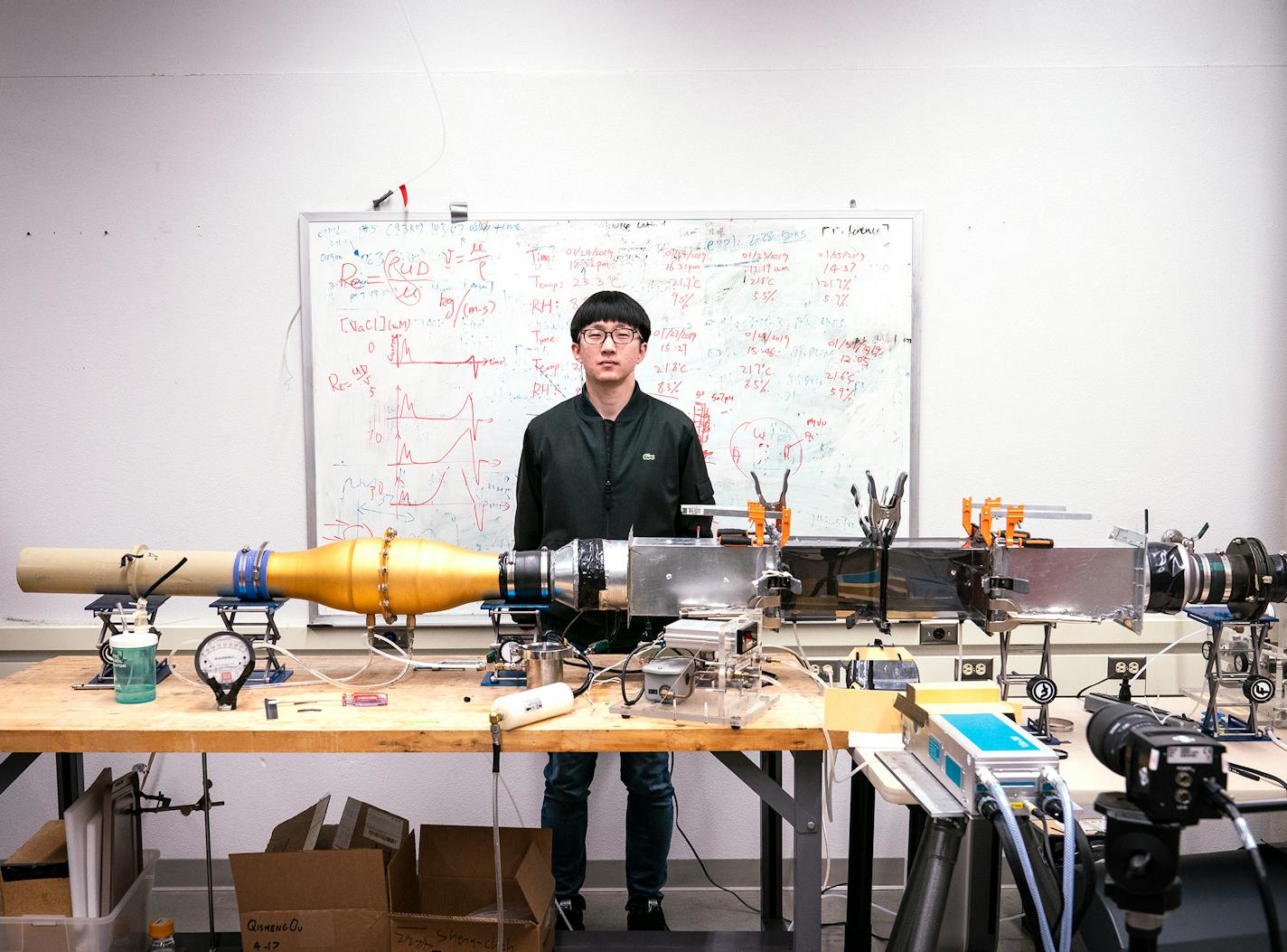 Qingfeng Cao, a U postdoctoral associate from China, worked on measuring the airflow patterns of pleated filters in the Particle Technology Lab. BACKGROUND INFORMATION: Researchers work inside the Particle Technology Lab at the University of Minnesota's School of Mechanical Engineering in Minneapolis on Tuesday, January 14, 2020.