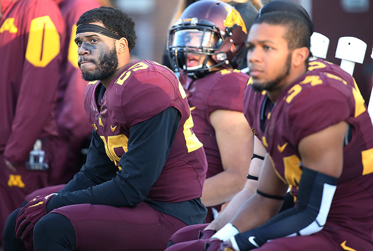 Minnesota's defensive back Briean Boddy-Calhoun looked up at the scoreboard from the bench as Nebraska defeated the Gophers 48-25 at TCF Bank Stadium, Saturday, October 17, 2015 in Minneapolis, MN.