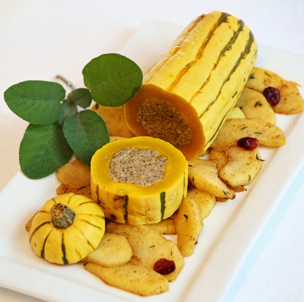 Delicata Squash Roasts Stuffed With Mushroom Pecan Pate. Photo by Robin Asbell * Special to the Star Tribune