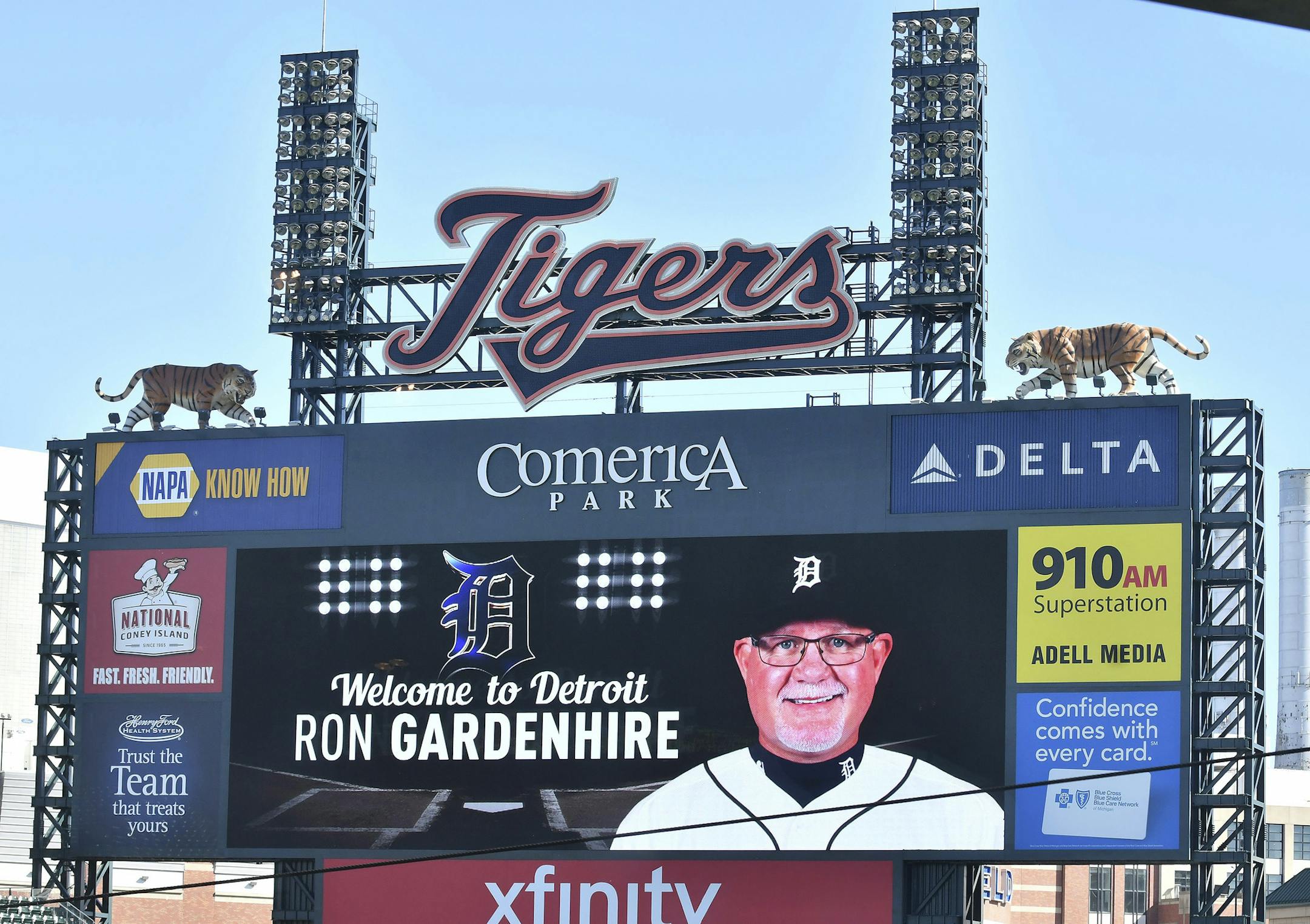 Detroit Tigers baseball team's new manager Ron Gardenhire is shown on the scoreboard after an introductory press conference at Comerica Park in Detroit, Friday, Oct. 20, 2017. (Robin Buckson/Detroit News via AP)