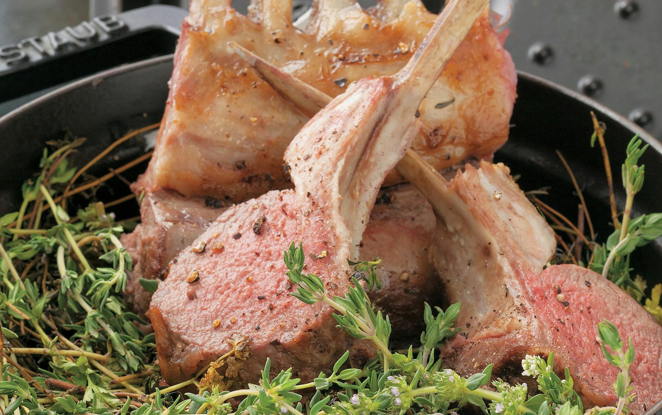 Lamb chops roasted on thyme.