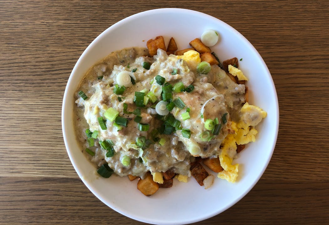 The biscuits and gravy at Scarlet Kitchen & Bar in Red Wing have a little kick.