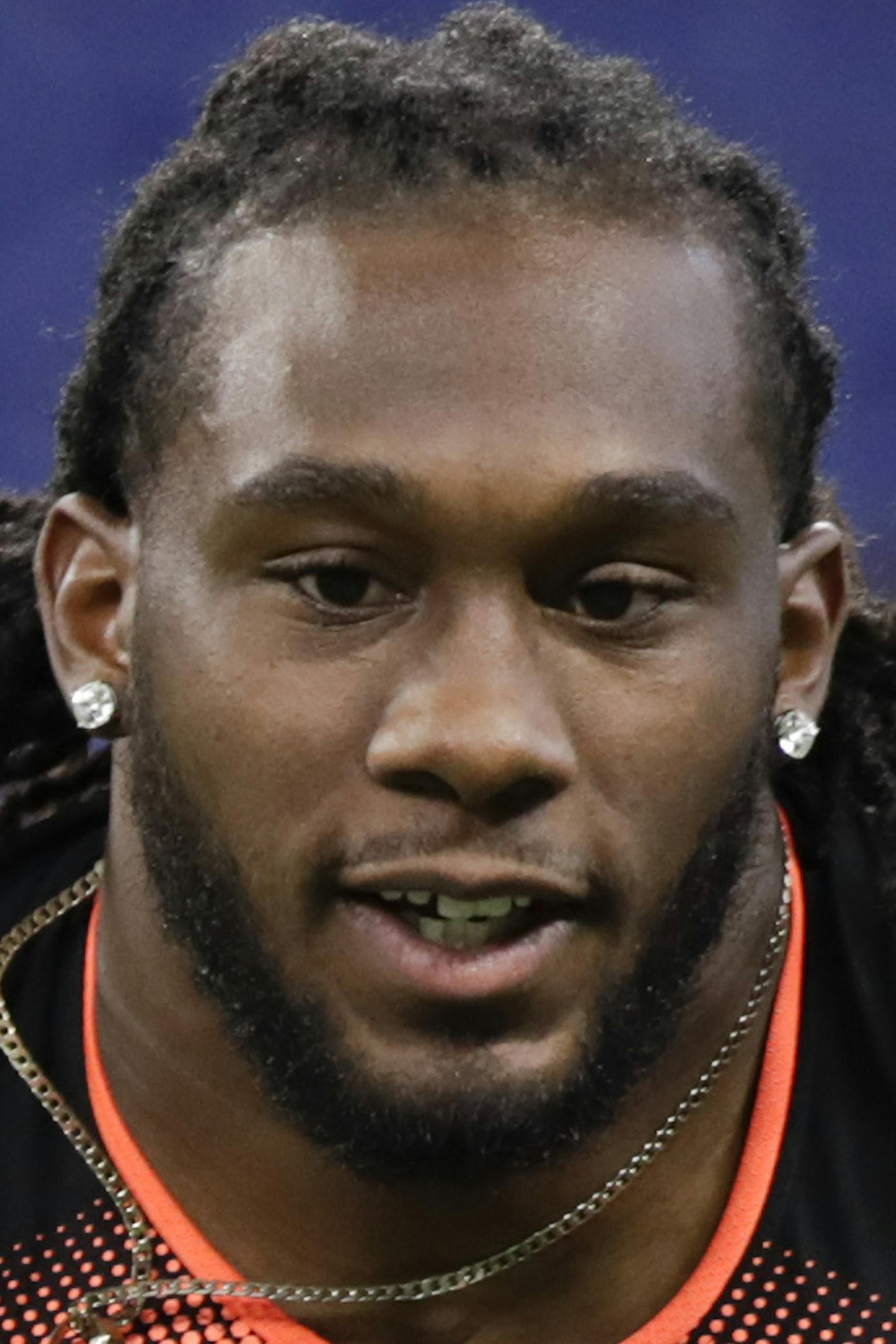 Boise State running back Alexander Mattison runs a drill at the NFL football scouting combine in Indianapolis, Friday, March 1, 2019. (AP Photo/Michael Conroy) ORG XMIT: INMC10