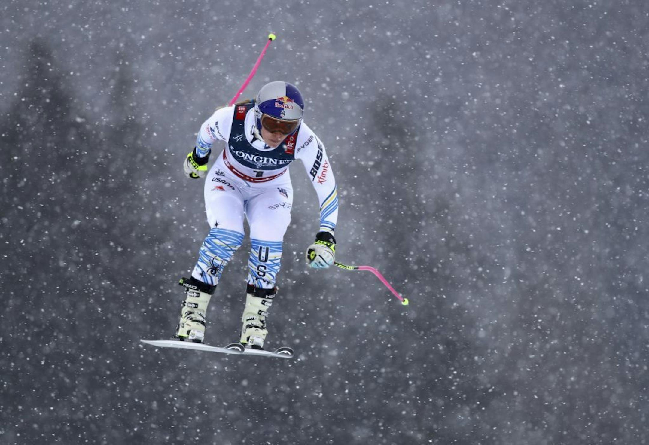 United States' Lindsey Vonn speeds down the course during the downhill portion of the women's combined, at the alpine ski World Championships in Are, Sweden, Friday, Feb. 8, 2019.