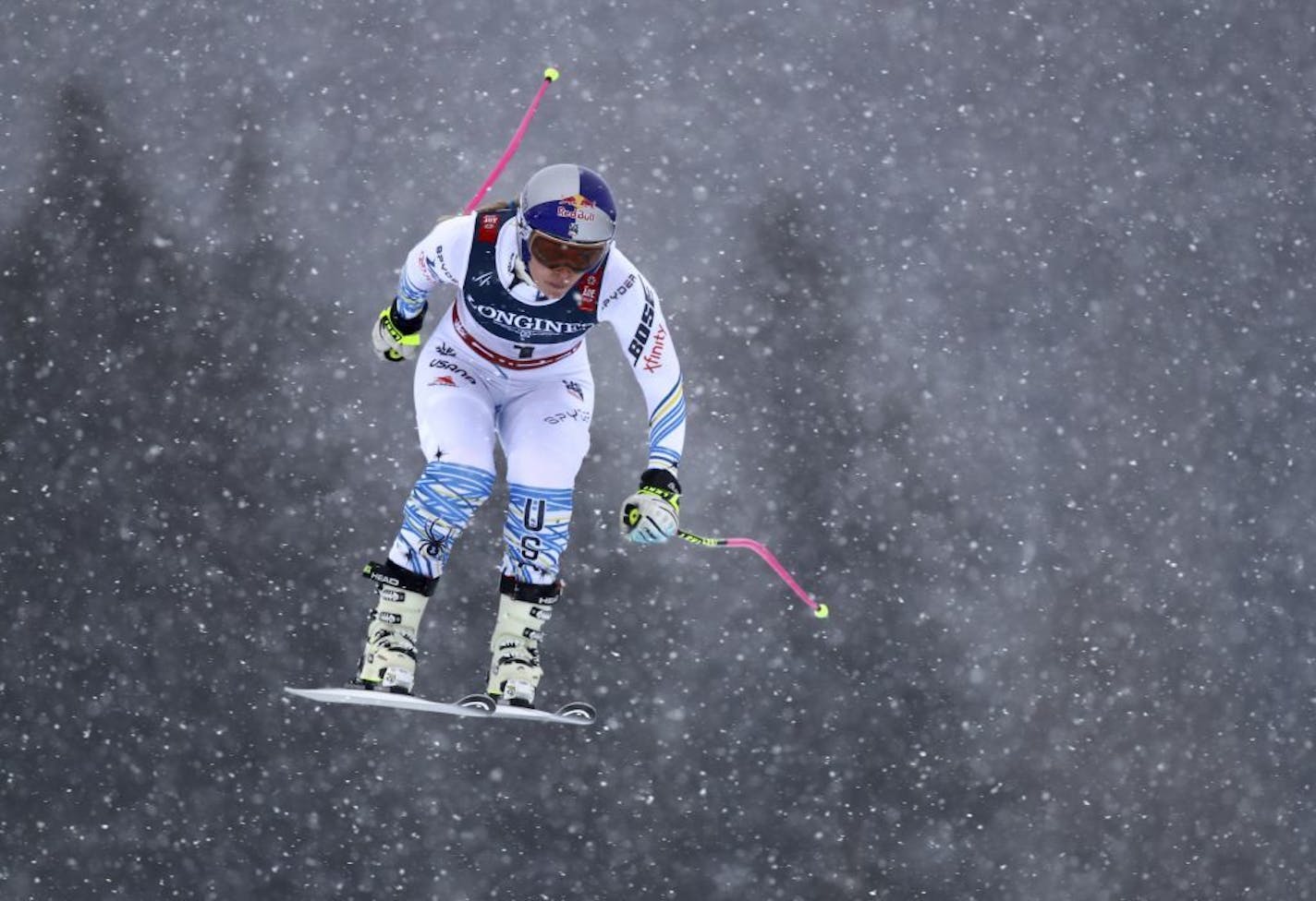 United States' Lindsey Vonn speeds down the course during the downhill portion of the women's combined, at the alpine ski World Championships in Are, Sweden, Friday, Feb. 8, 2019.