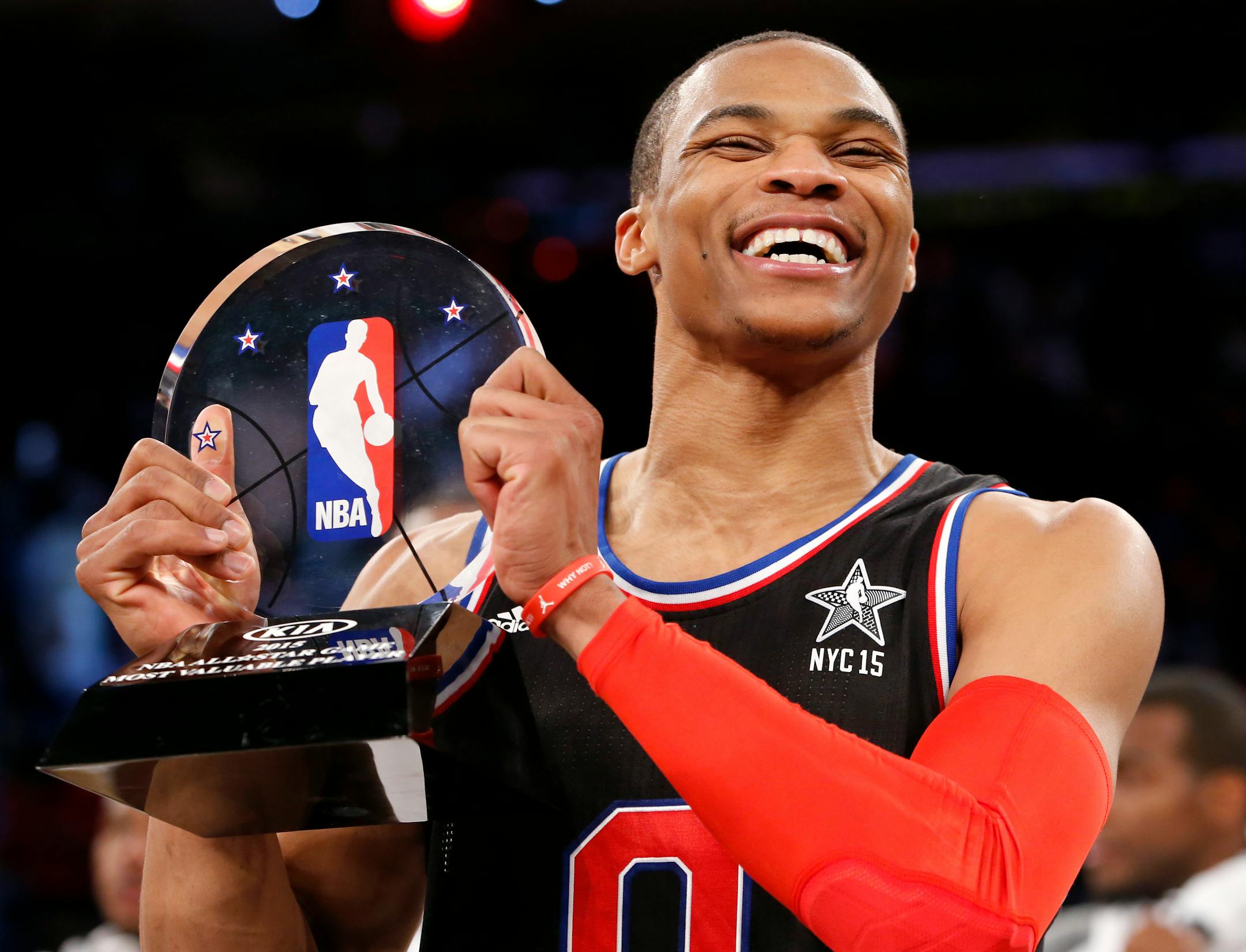 West Team�s Russell Westbrook, of the Oklahoma City Thunder, holds the MVP trophy after the NBA All-Star basketball game, Sunday, Feb. 15, 2015, in New York. The West Team won 163-158. (AP Photo/Kathy Willens)