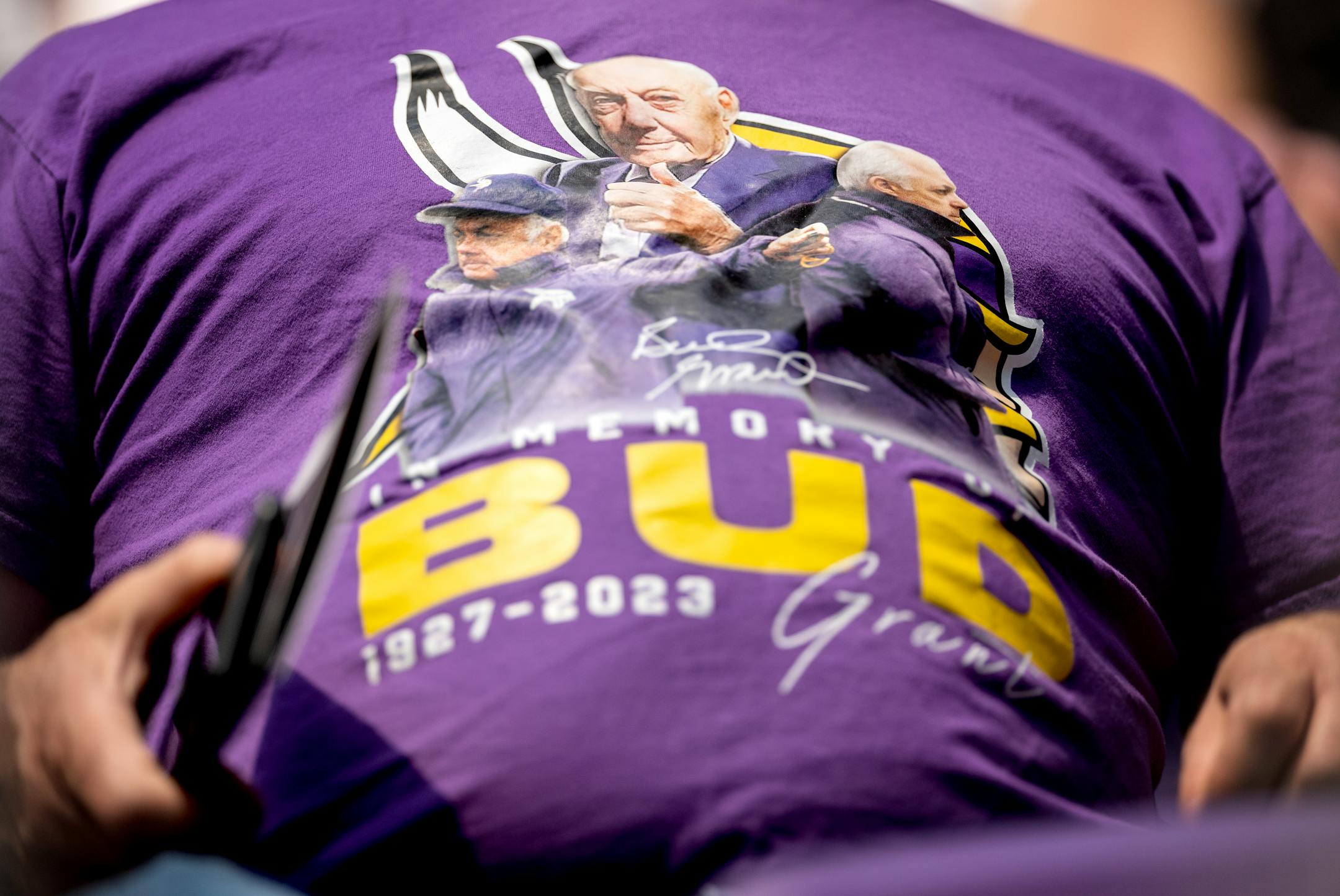 A tribute to Bud Grant t-shirt during a public celebration of for Minnesota Vikings coach Bud Grant.