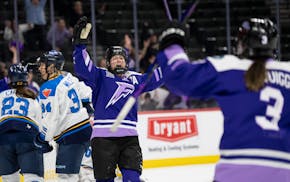 Frost forward Kelly Pannek celebrates after scoring to tie the game during the second period Wednesday at Xcel Energy Center.
