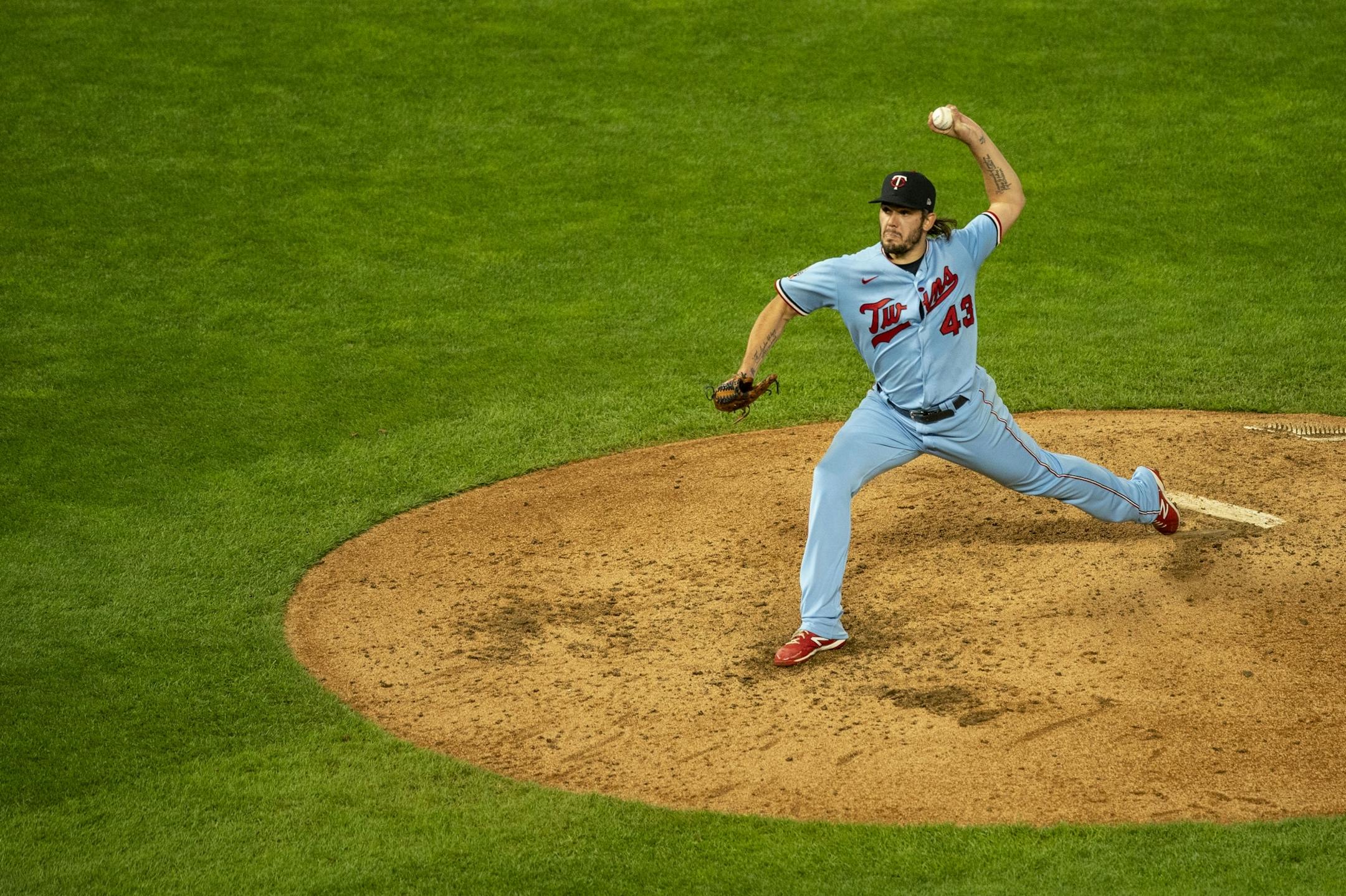 Minnesota Twins relief pitcher Lewis Thorpe (43) threw out a pitch during Wednesday night's game against the Brewers.