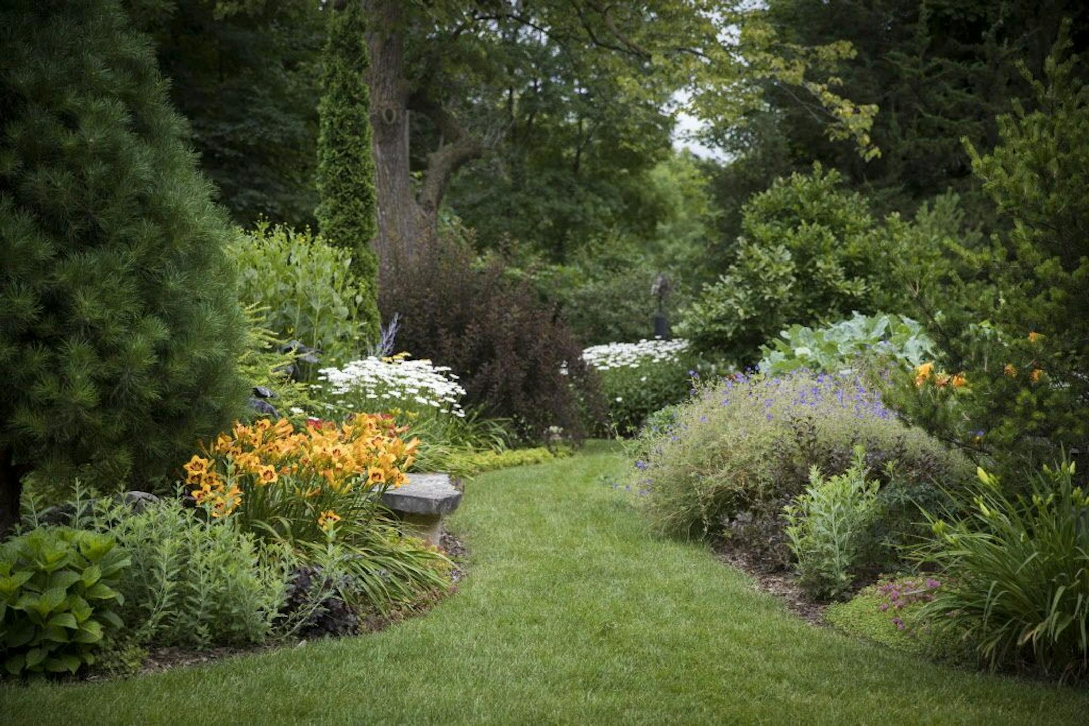 A curved walkway meanders between garden beds.