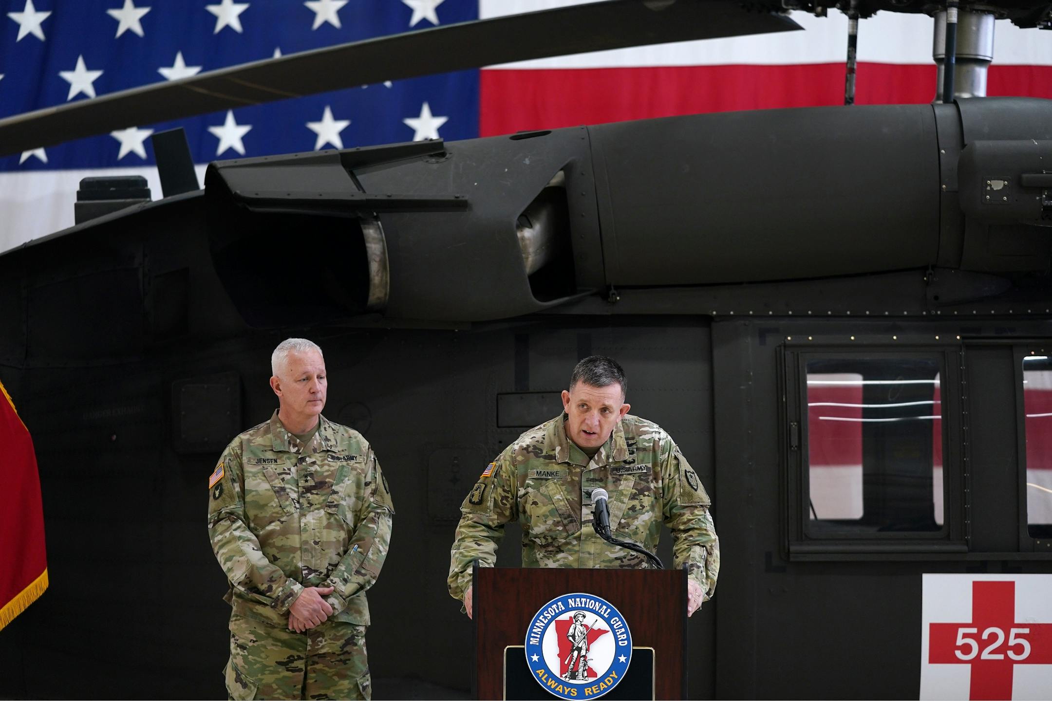 Col. Shawn Manke spoke as Maj. Gen. Jon Jensen, left, stood with him during Saturday's press conference.