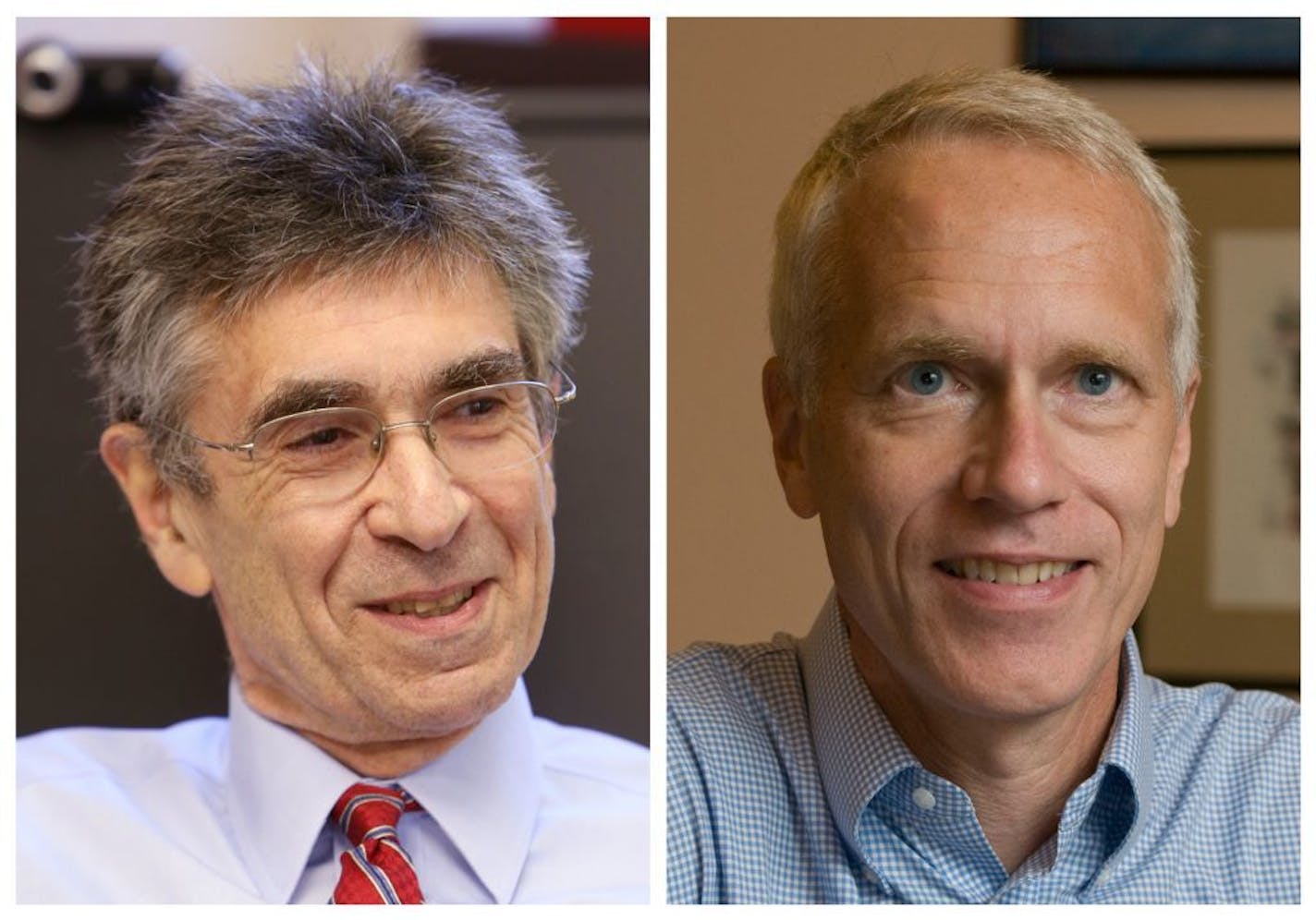 In this combination of photos made Wednesday, Oct. 10, 2012, Duke University professor Robert Lefkowitz, left, is seen at his office in Durham, N.C., and Stanford University professor Brian Kobilka is seen at his home in Palo Alto, Calif., after they were named winners of the 2012 Nobel Prize in Chemistry. The two American researchers won the Nobel Prize in chemistry Wednesday for studies of protein receptors that let body cells sense and respond to outside signals like danger or the flavor of f