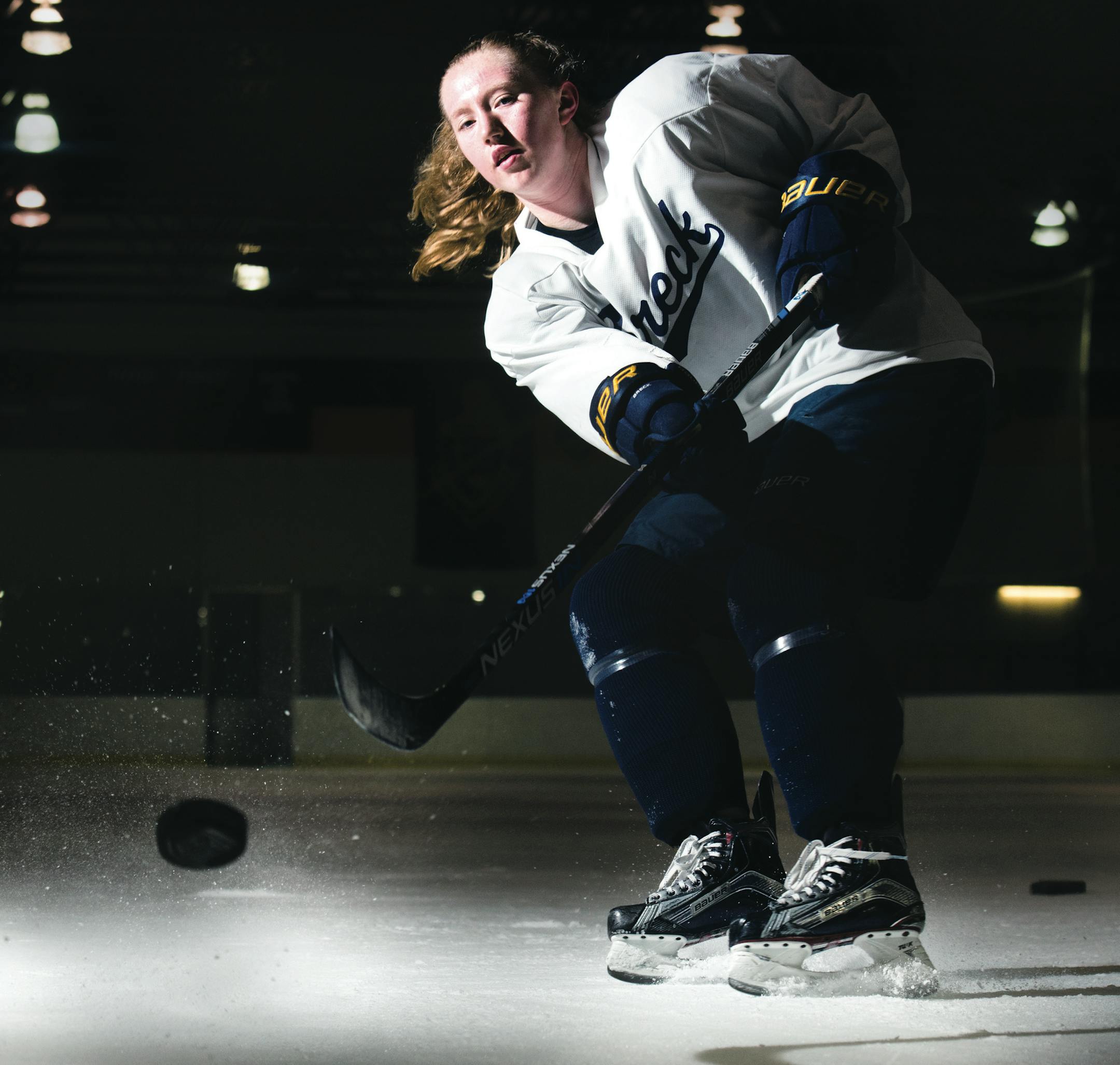 Breck senior forward Grace Zumwinkle has dented masks and broken skates with her slapshot. "It stings, for sure," Breck goalie Ally Frantzick said.