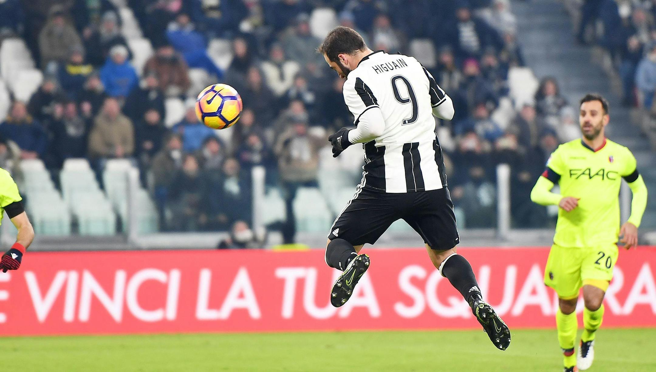 Juventus' Gonzalo Higuain scored his side's third goal during a Serie A soccer match between Juventus and Bologna at Juventus Stadium in Turin, Italy, on Sunday.