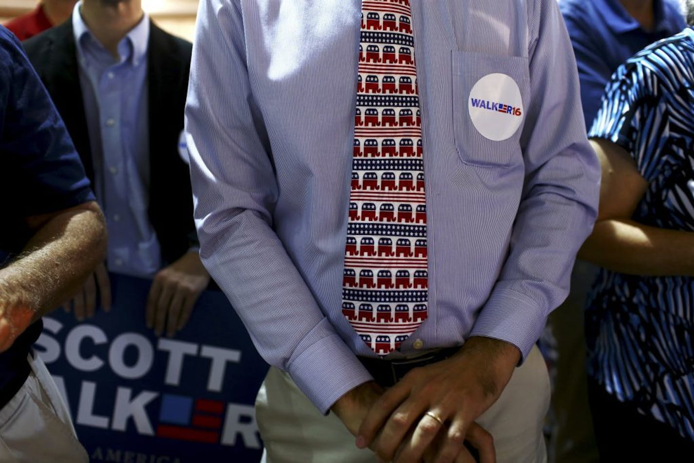 An attendee wears a GOP elephant tie at Low Country Harley-Davidson, where Wisconsin Gov. Scott Walker, a Republican presidential hopeful, made a campaign stop, in North Charleston, S.C.,July 15, 2015. Minnesota Republicans will be closely watching Thursday's presidential debate.