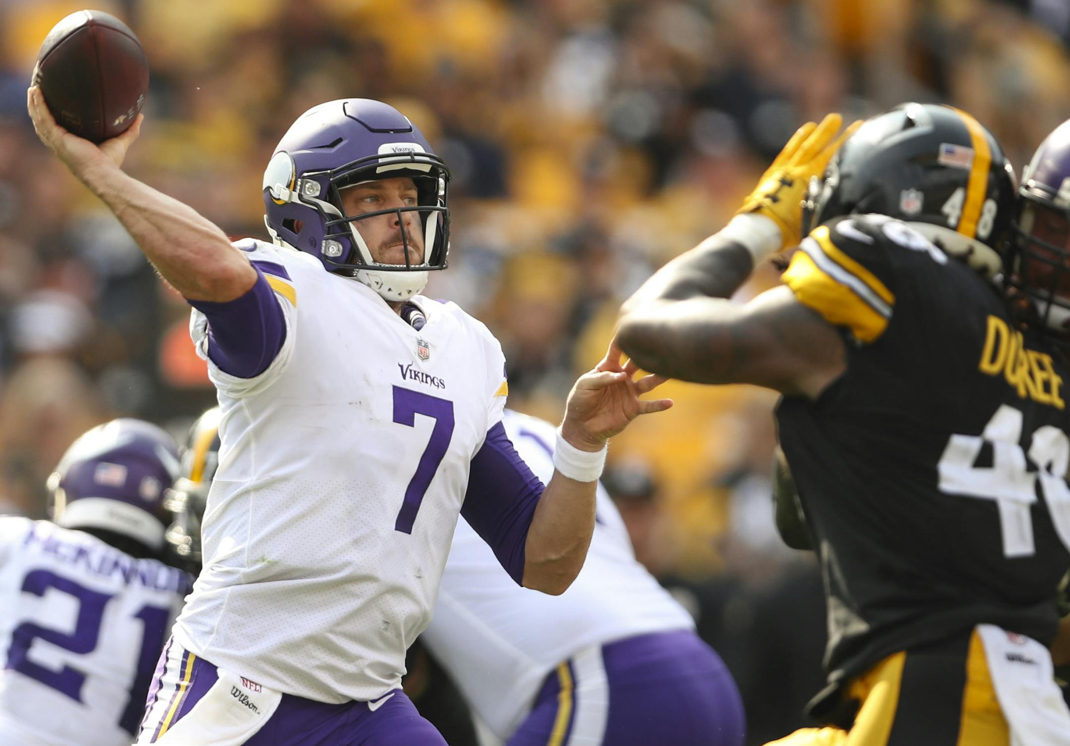 Minnesota Vikings quarterback Case Keenum (7) threw an eight yard pass completion to Adam Thielen for a fourth quarter first down. ] JEFF WHEELER ï jeff.wheeler@startribune.com The Minnesota Vikings lost 26-9 to the Pittsburgh Steelers in an NFL football game Sunday afternoon, September 17, 2017 at Heinz Field in Pittsburgh.