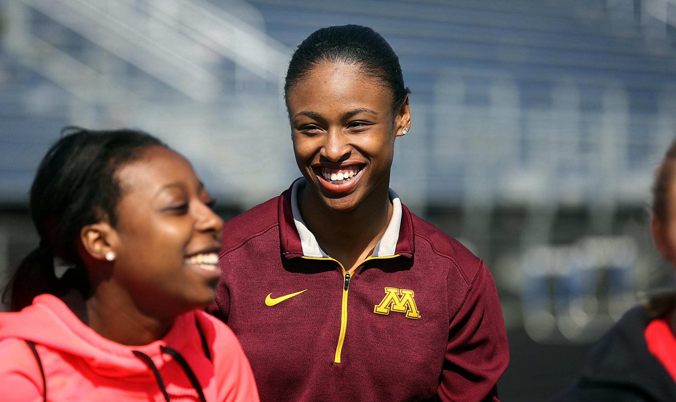 Blaine High School athlete and Athena Award winner Taylor Morgan (second from left). ] JIM GEHRZ ï james.gehrz@startribune.com / Blaine, MN / April 23, 2015 /3:15 PM - BACKGROUND INFORMATION: Track practice for Blaine High School athlete Taylor Morgan, Athena Award winner.