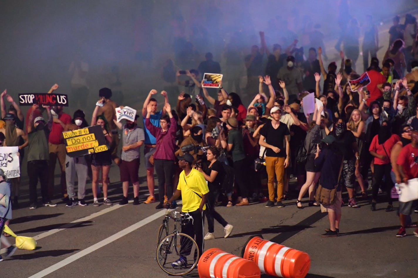 Marchers protesting the Wednesday night shooting death of Philando Castile by police have blocked part of Interstate 94 west of downtown St. Paul Saturday evening.