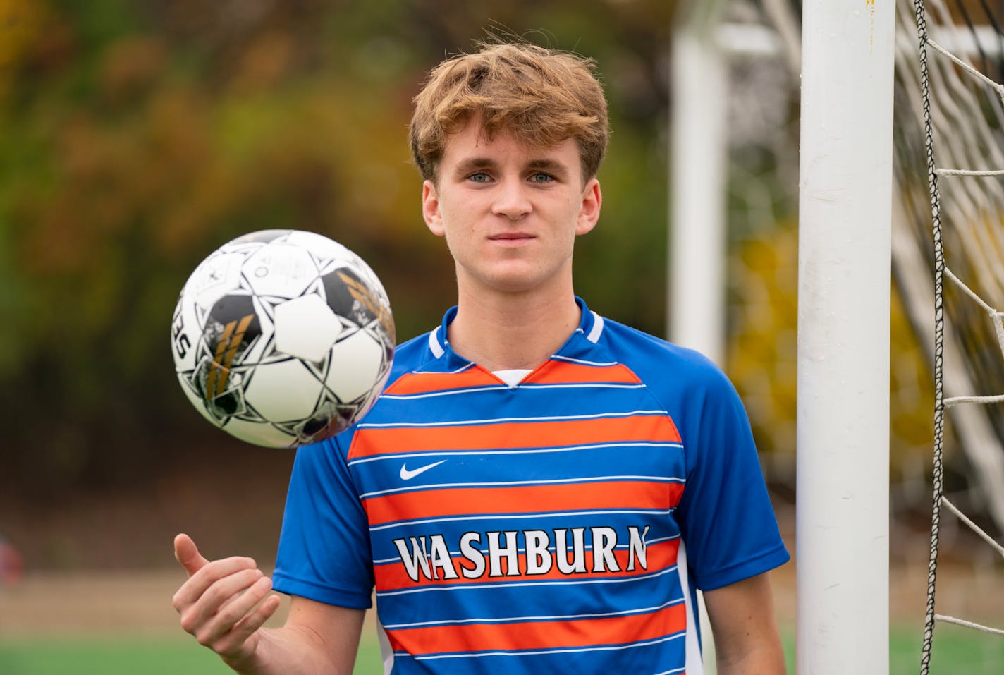 Minneapolis Washburn forward Emmett Brown, the boys soccer Metro Player of the Year, posed for a portrait. Thursday, Oct. 26, 2023, at Edina High School in Edina, Minn. Brown is the Star Tribune Boys Soccer Metro Player of the Year. ]