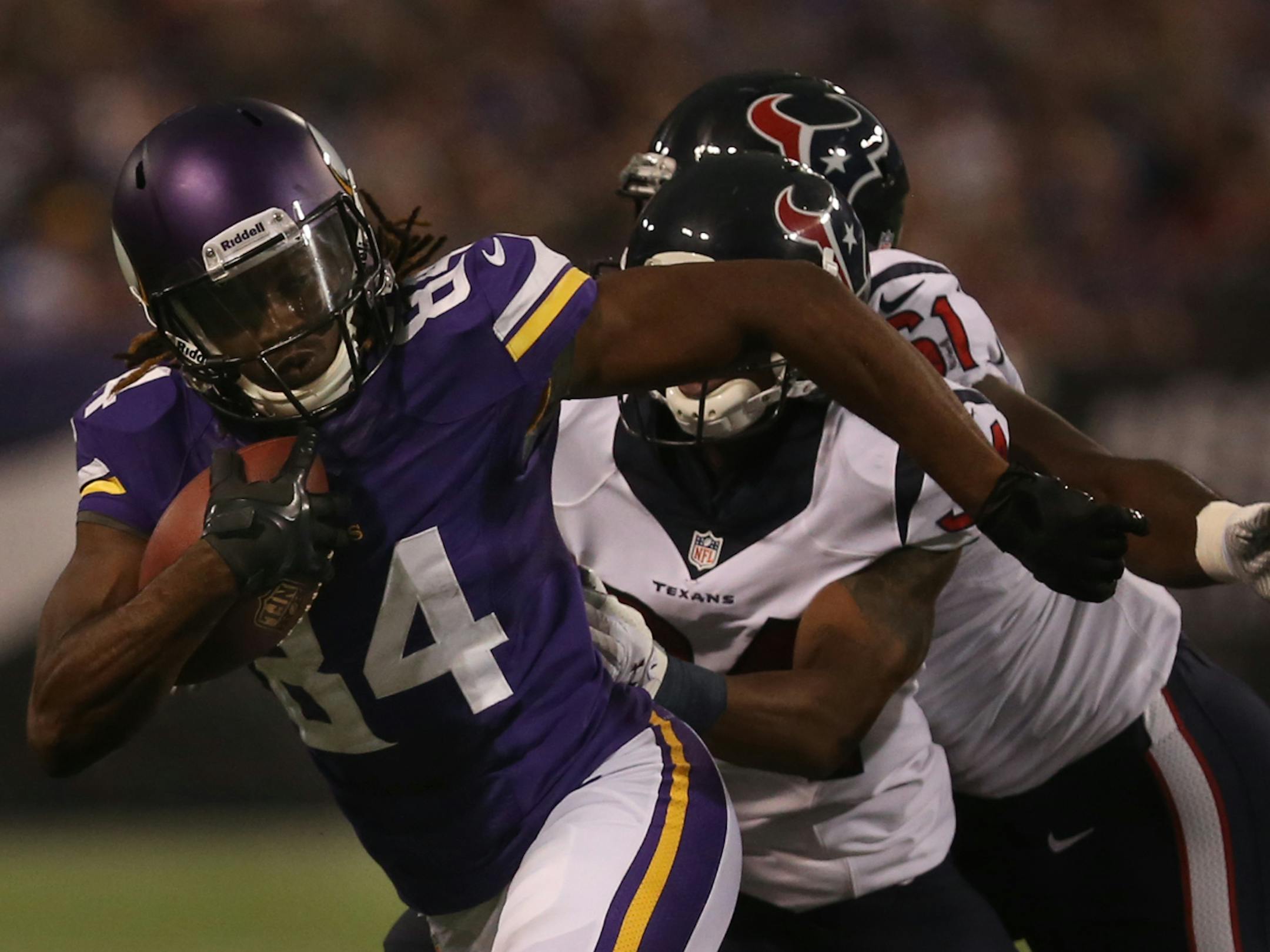 Wide receiver Cordarrelle Patterson, under pressure by cornerback A.J. Bouye and guard Bryan Collins, caught a 3-yard pass from Matt Cassel in the second quarter.] MCKENNA EWEN &#x2022; mckenna.ewen@startribune.com - August 9, 2013 Minneapolis, Minn, Mall of America Field, Minnesota Vikings vs. Houston Texans