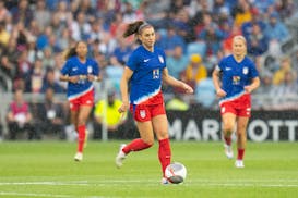 Alex Morgan dribbles up the field for the U.S. women's national team against South Korea on June 4 at Allianz Field.