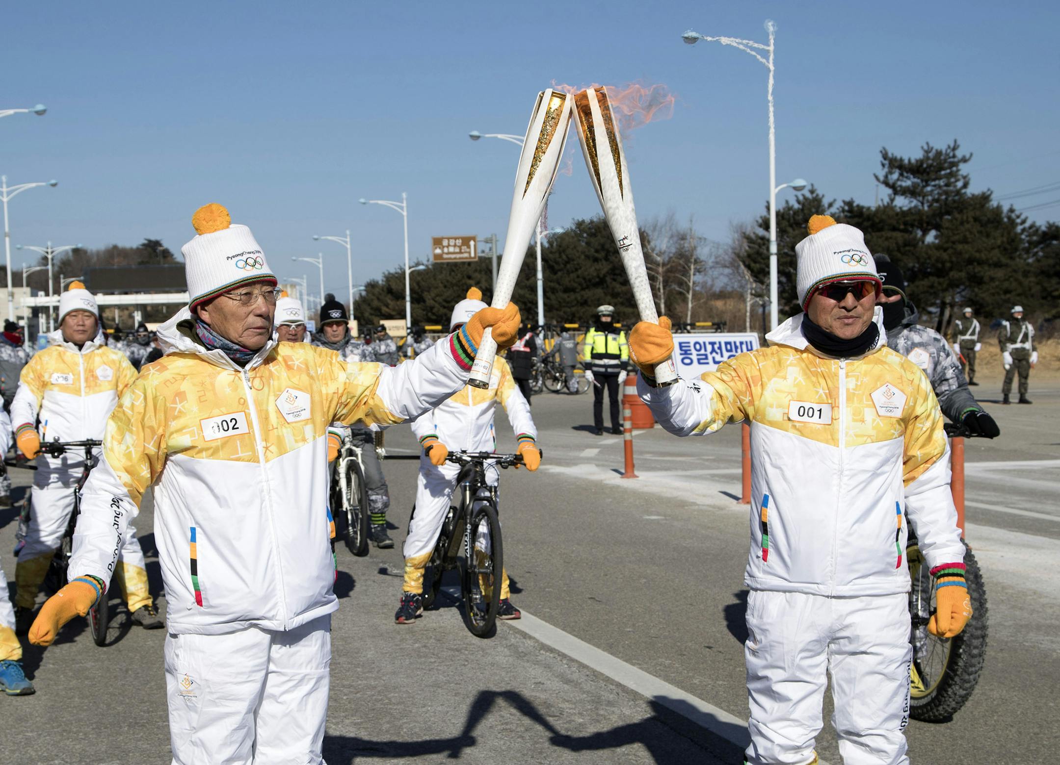 The Olympic torch relay comes to Goseong at the Gate of Inter-Korea Transit Office near the Demilitarized Zone (DMZ) in Goseong, Gangwon province, South Korea on January 26, 2018. (Lee Young-ho/Sipa USA/TNS)
