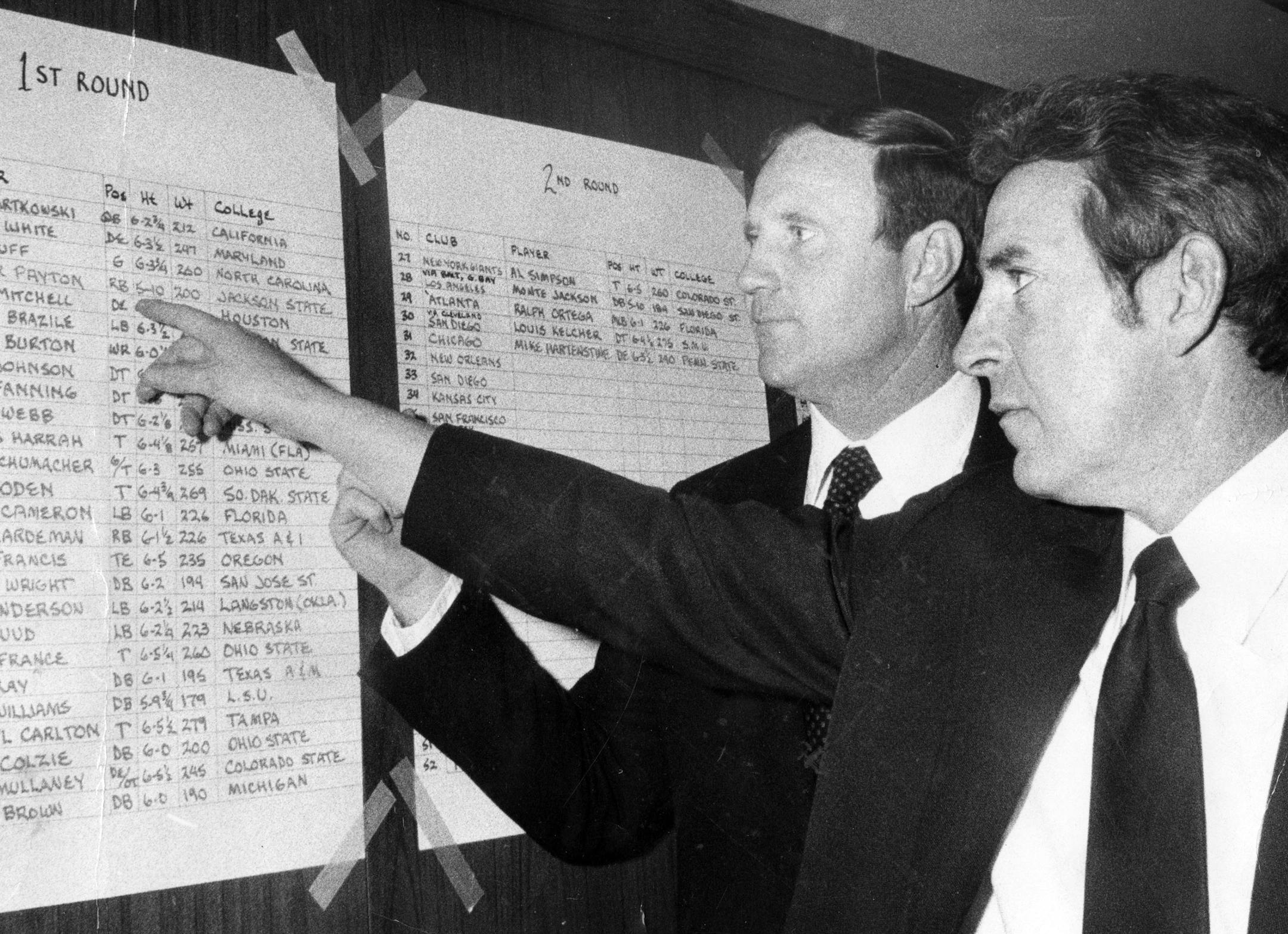 Chicago Bears general manager Jim Finks, right, and head coach Jack Pardee review the first-round draft picks at the La Salle Hotel headquarters on Jan. 28, 1975. Finks and Pardee are pointing at their No. 1 draft choice in 1975, Walter Payton. (Phil Mascione/Chicago Tribune/TNS) ORG XMIT: 1167158