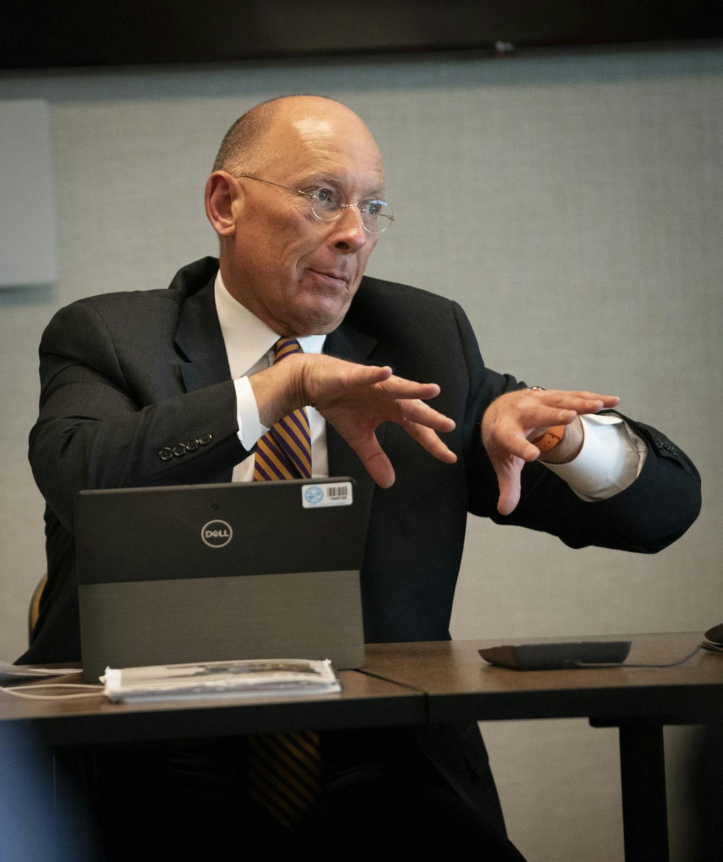 Commissioner Paul Schnell and his executive team sat around a table for their daily briefing on coronavirus preparations at the Department of Corrections headquarters, Minn., on Wednesday, March 11, 2020. ] RENEE JONES SCHNEIDER • renee.jones@startribune.com