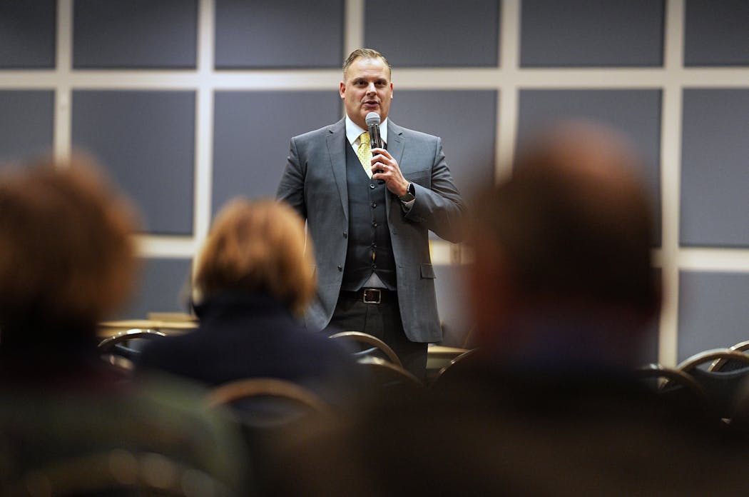 Jeff Ridlehoover, one of the finalists for Anoka-Hennepin superintendent, answered questions Tuesday at the Educational Service Center in Anoka.