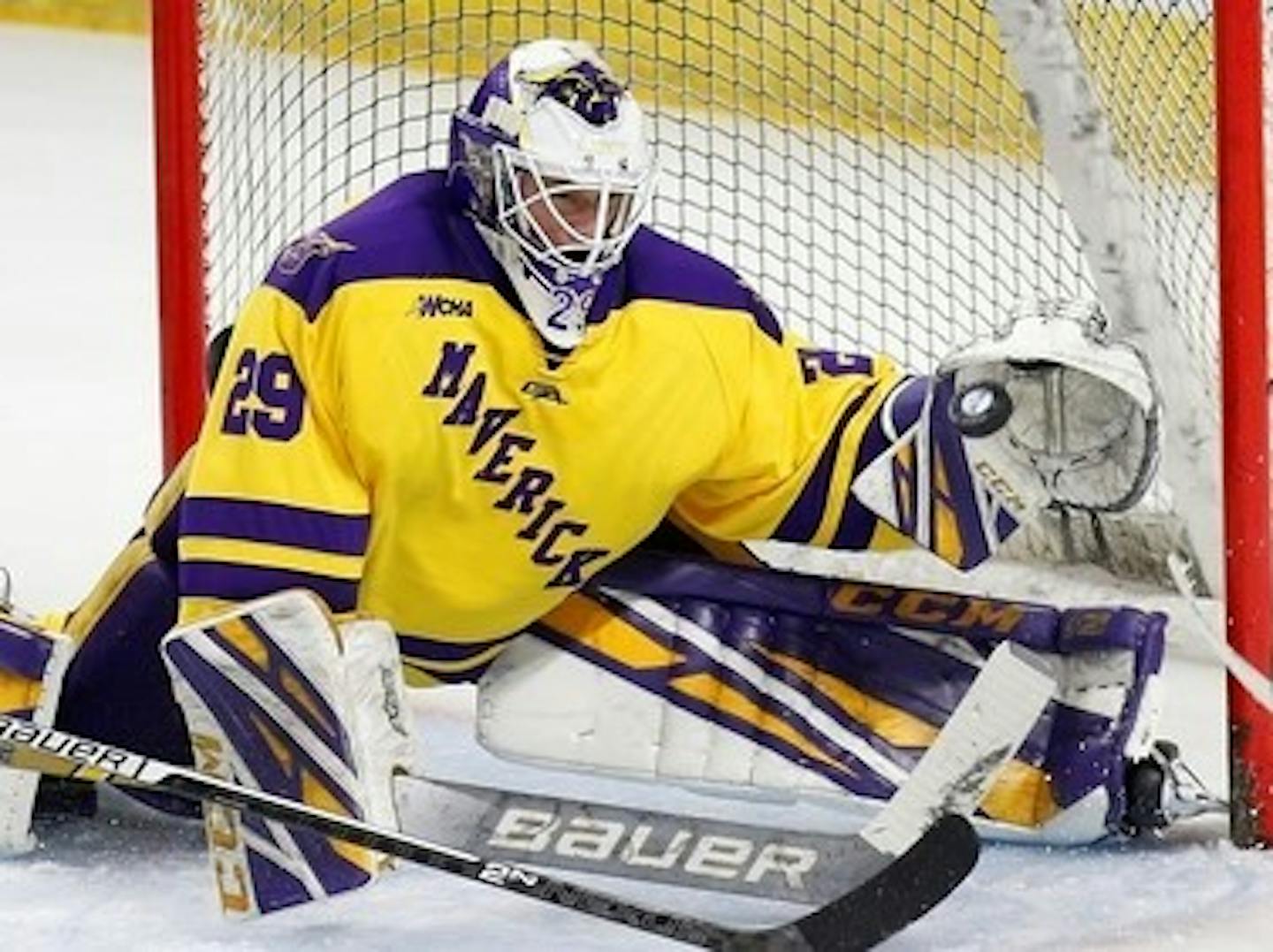 Providence's Josh Wilkins (15) scores on Minnesota State's Dryden McKay (29) during the third period of an NCAA Division I East Regional semifinal men's hockey game in Providence, R.I., Saturday, March 30, 2019. (AP Photo/Michael Dwyer)