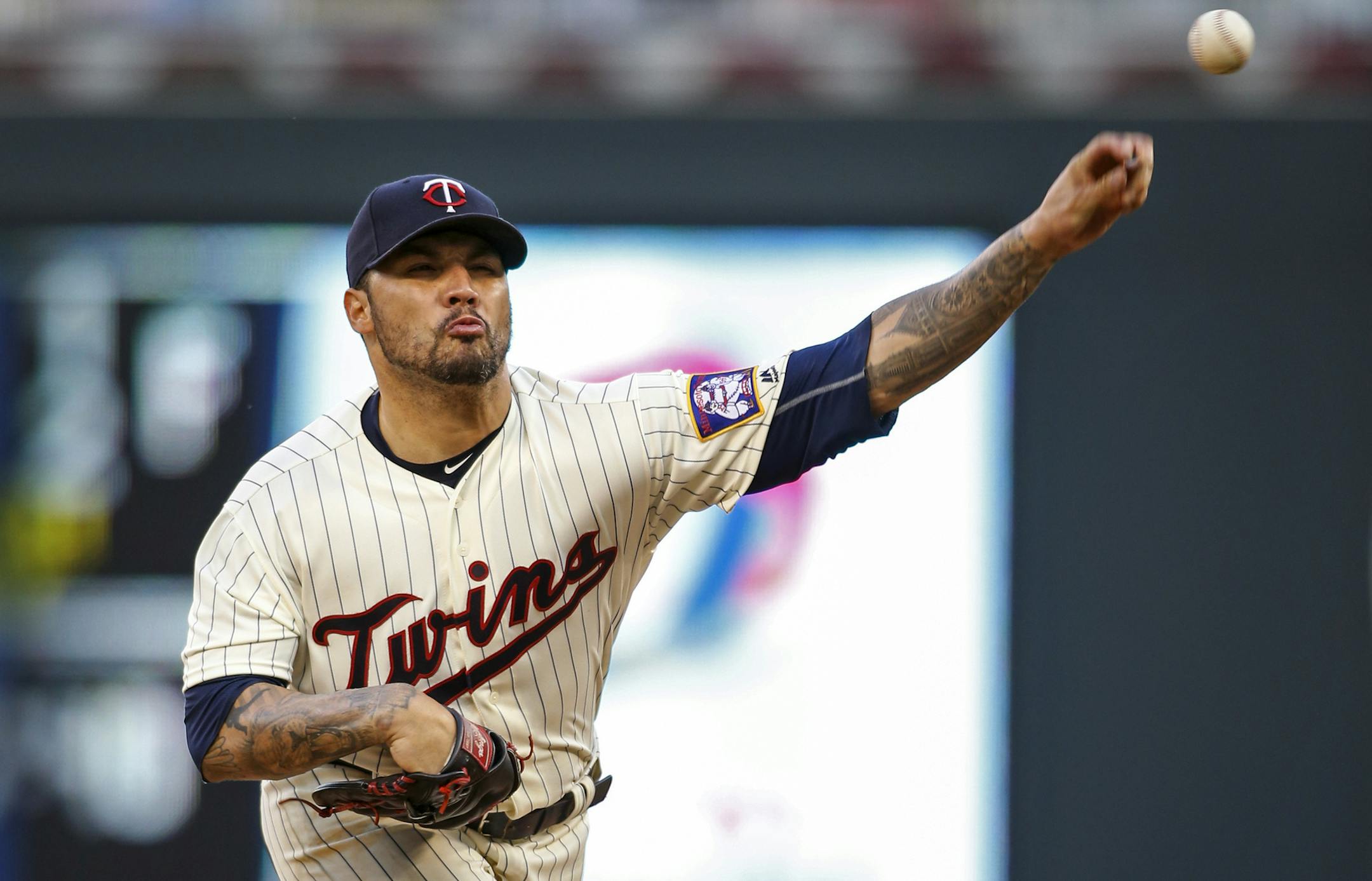 Minnesota Twins starting pitcher Hector Santiago throws to the Cleveland Indians in the second inning of a baseball game Saturday, Sept. 10, 2016, in Minneapolis. (AP Photo/Bruce Kluckhohn)