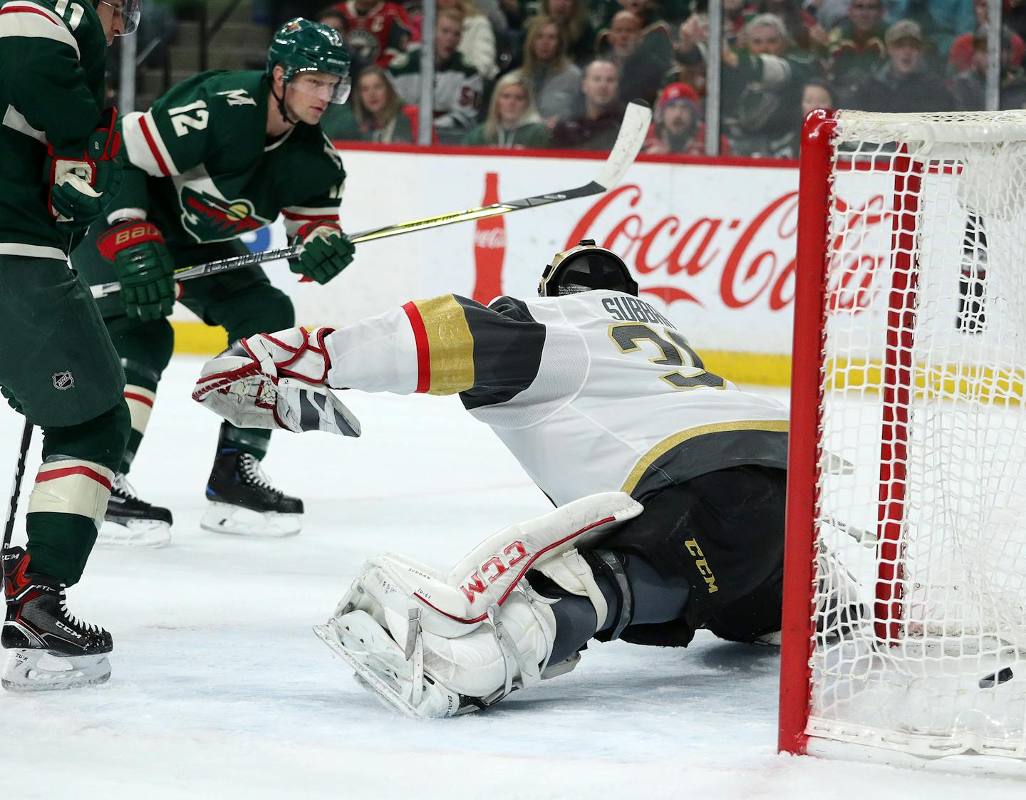 Vegas Golden Knights goaltender Malcolm Subban (30) was unable to make the save as Minnesota Wild center Eric Staal (12) snuck the puck in past him in the first period. ] ANTHONY SOUFFLE &#xef; anthony.souffle@startribune.com The Minnesota Wild played the Vegas Golden Knights in an NHL game Friday, Feb. 2, 2018 at the Xcel Energy Center in St. Paul, Minn.