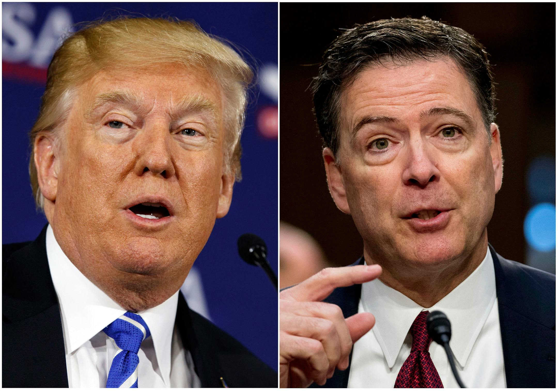 This combination photo shows President Donald Trump speaking during a roundtable discussion on tax policy in White Sulphur Springs, W.Va., on April 5, 2018, left, and former FBI director James Comey speaking during a Senate Intelligence Committee hearing on Capitol Hill in Washington on June 8, 2017. Trump fired off a series of tweets ahead of Comey's first interview on his book, "A Higher Loyalty: Truth, Lies, and Leadership," which offers his version of the events surrounding his firing as FBI