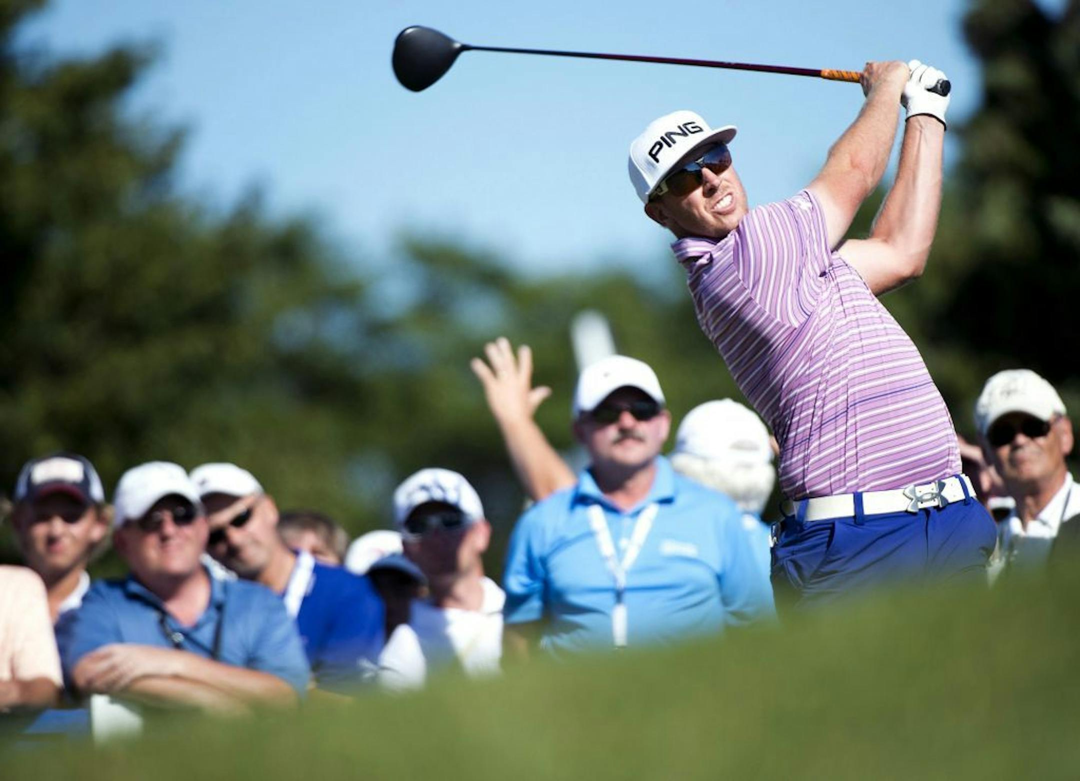 Hunter Mahan, of the United States, tees off on the 17th hole during second round at the Canadian Open golf tournament in Oakville, Ontario, Friday, July 26, 2013.