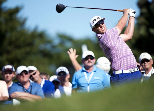 Hunter Mahan, of the United States, tees off on the 17th hole during second round at the Canadian Open golf tournament in Oakville, Ontario, Friday, J
