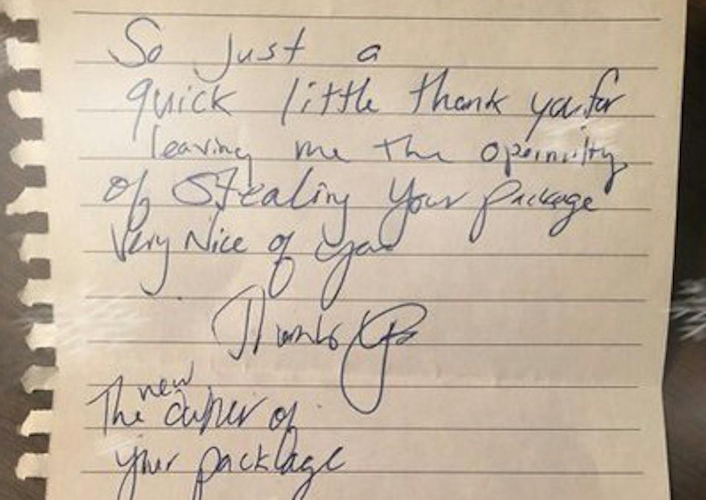 A thief made off with a package from the doorstep of a St. Paul home Thursday and left behind something unusual: a thank-you note. Photo provided by St. Paul Police Dept.