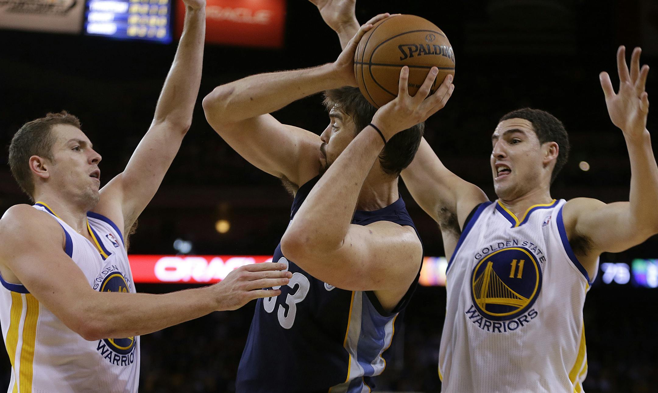 Golden State’s David Lee, left, and Klay Thompson, right, would provide the Wolves immediate help if they’re acquired in a trade of Kevin Love. But their price tag would be higher than that of draft picks.