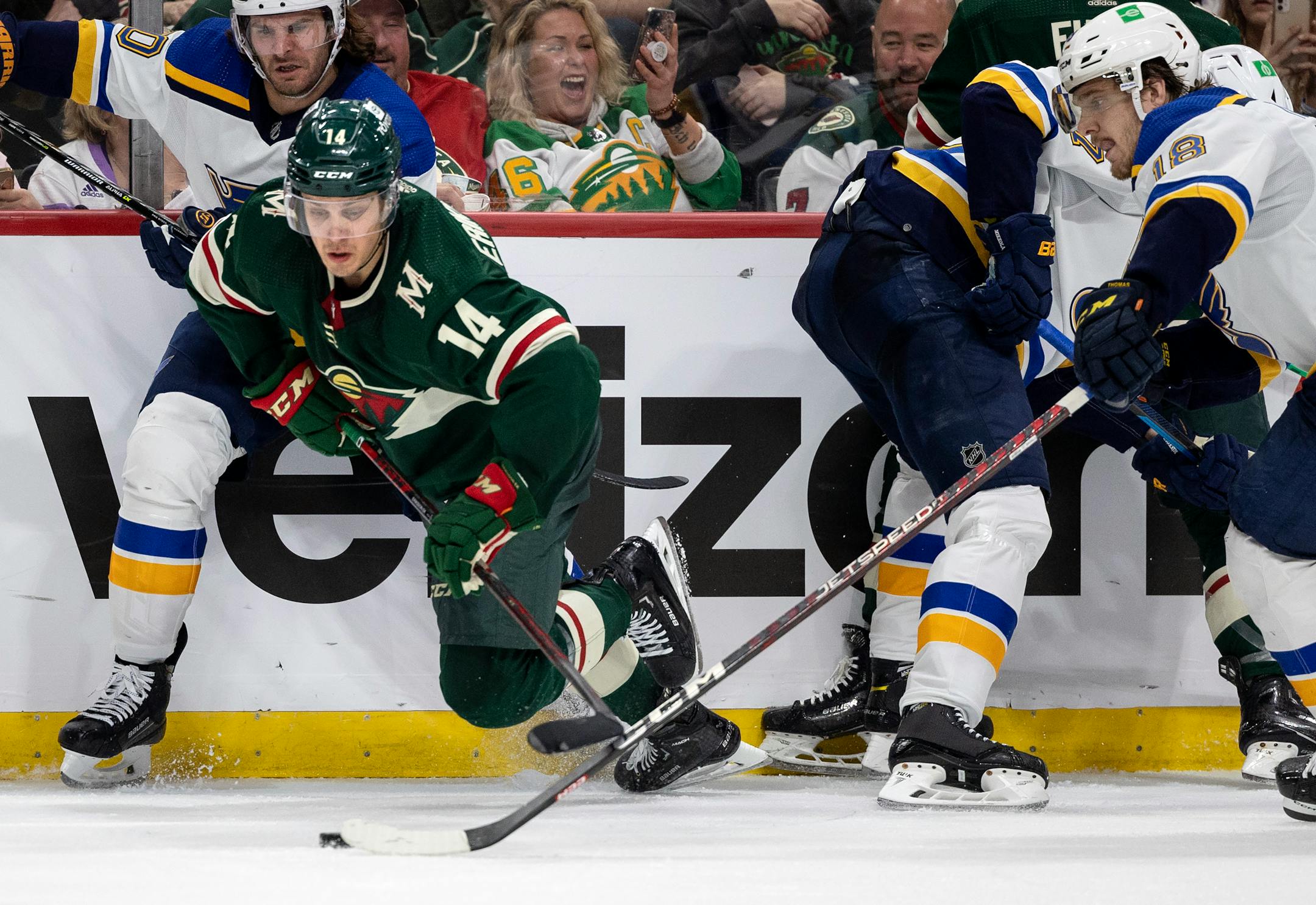 Joel Eriksson Ek (14) of the Minnesota Wild in the third period.