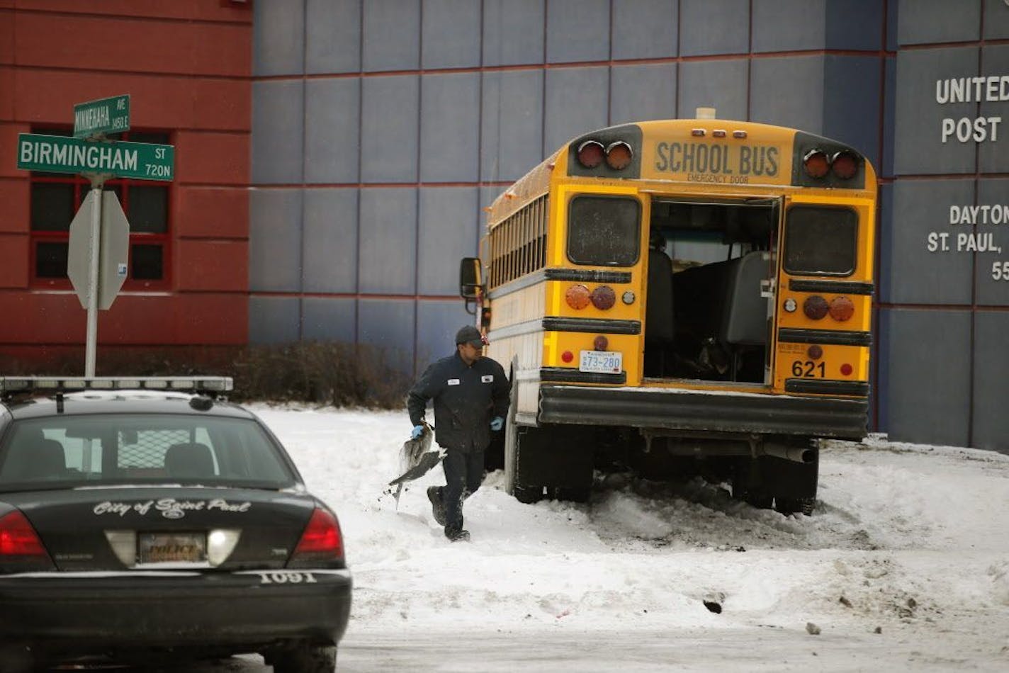 At the corner of Minnehaha Ave E. and Birmingham in St. Paul, a school bus crashed into the frontage of the post office.