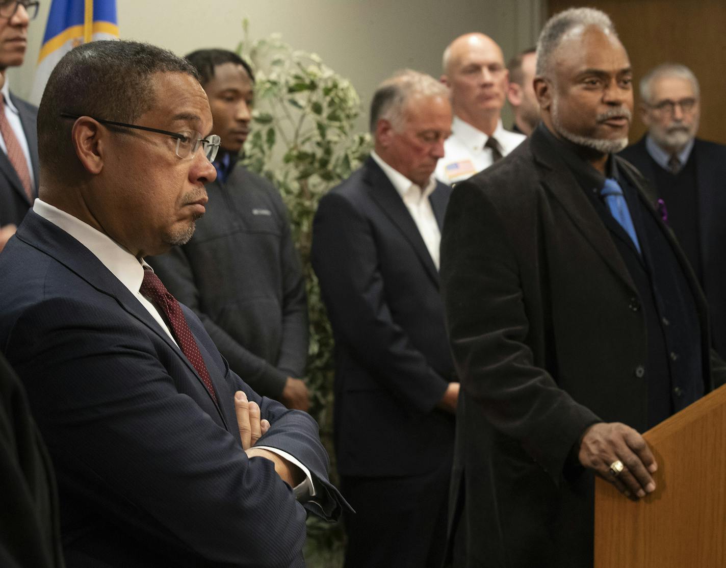 Minnesota Attorney General Keith Ellison left, and John Harrington, Minnesota Department of Public Safety commissioner.