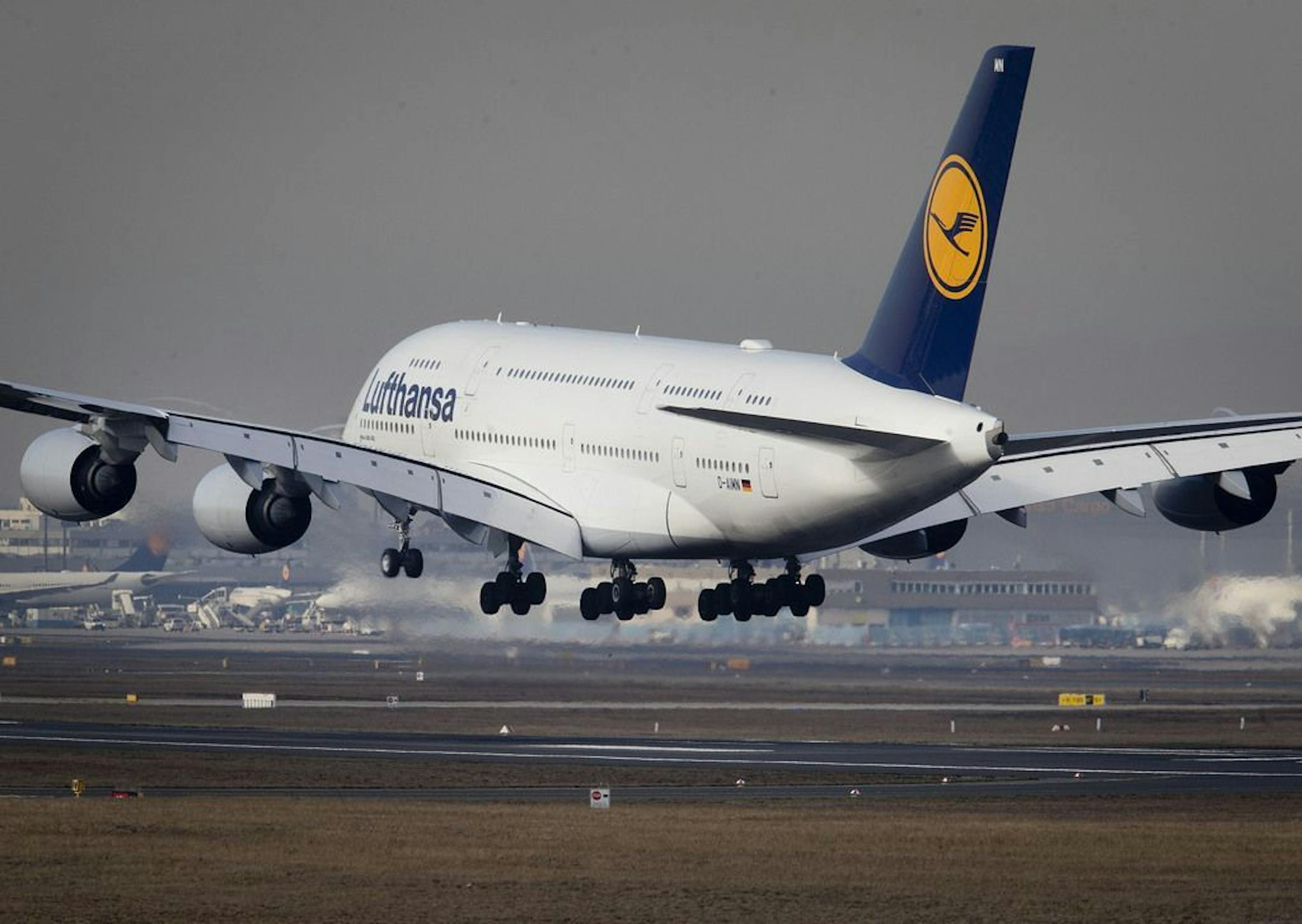 An Airbus A 380 of Lufthansa airline lands the airport in Frankfurt, Germany, Thursday, Feb. 14, 2019.