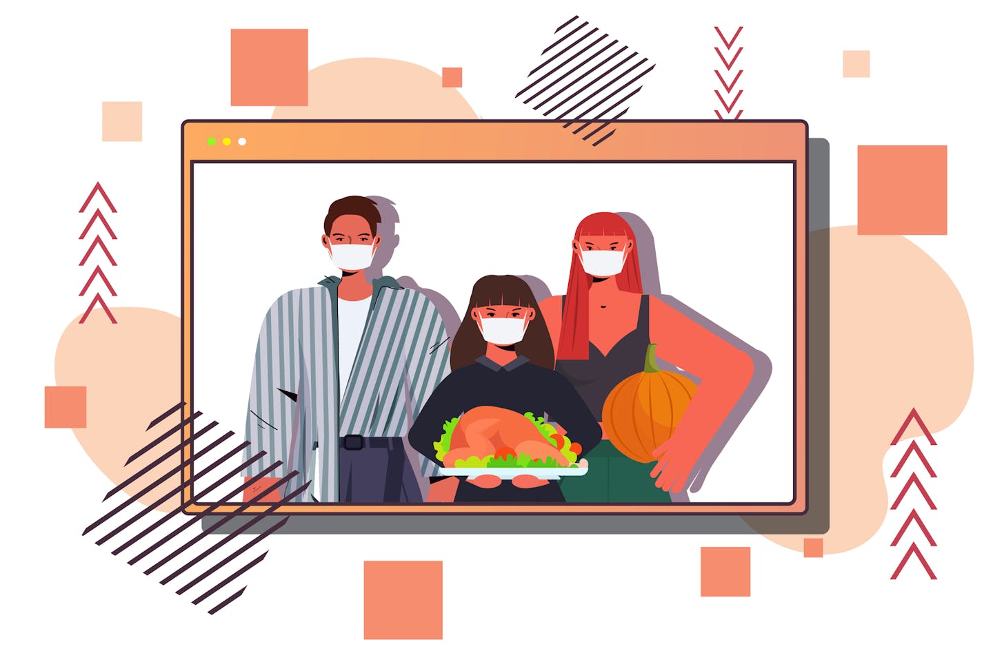 family in masks celebrating happy thanksgiving day parents and daughter standing together coronavirus quarantine concept web browser window portrait horizontal vector illustration