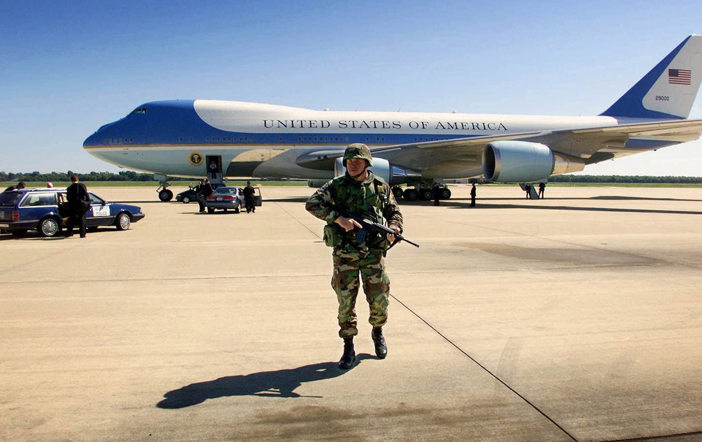 Air Force One sat on the tarmac at Barksdale Air Force Base under military security on Sept. 11, 2001. President George W. Bush flew from Florida to the Louisiana base, where he gave the day's second nationally televised remarks on the attacks