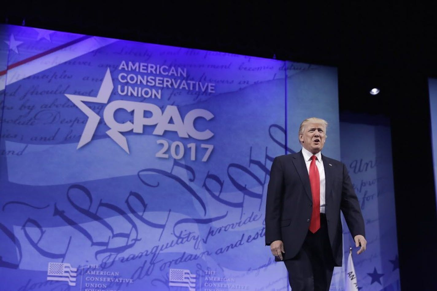 President Donald Trump arrives to speak at the Conservative Political Action Conference (CPAC) in Oxon Hill, Md., Friday, Feb. 24, 2017.